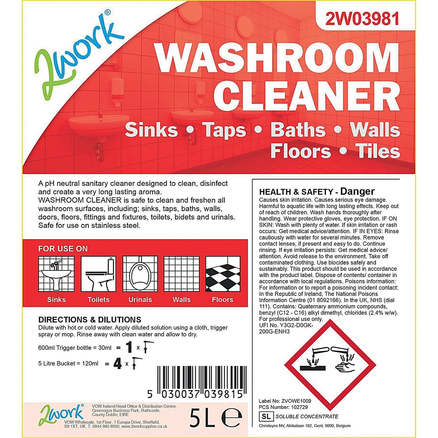 2Work Concentrated Odourless Washroom Cleaner, 5 Litres Easy2Order : 2W03981