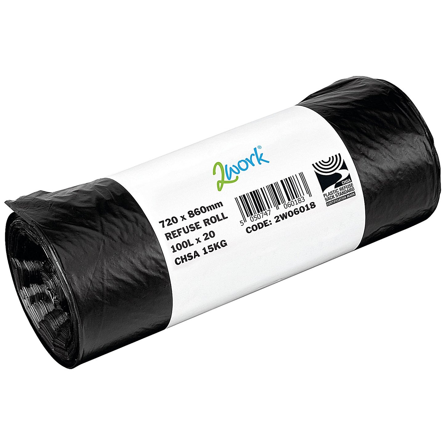 2Work Heavy Duty Refuse Sack, 100 Litre, Black, Pack of 200