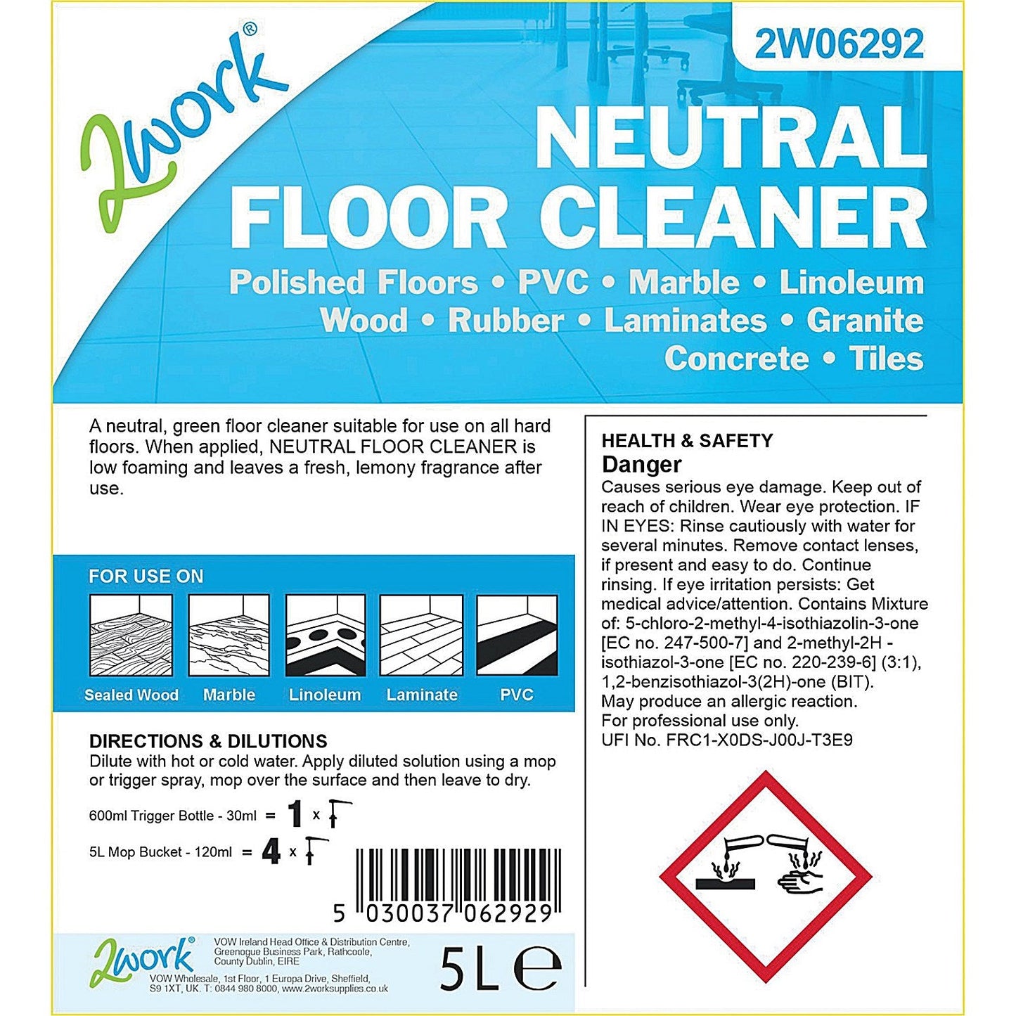 2Work Neutral Floor Cleaner, 5 Litres Easy2Order : 2W06292