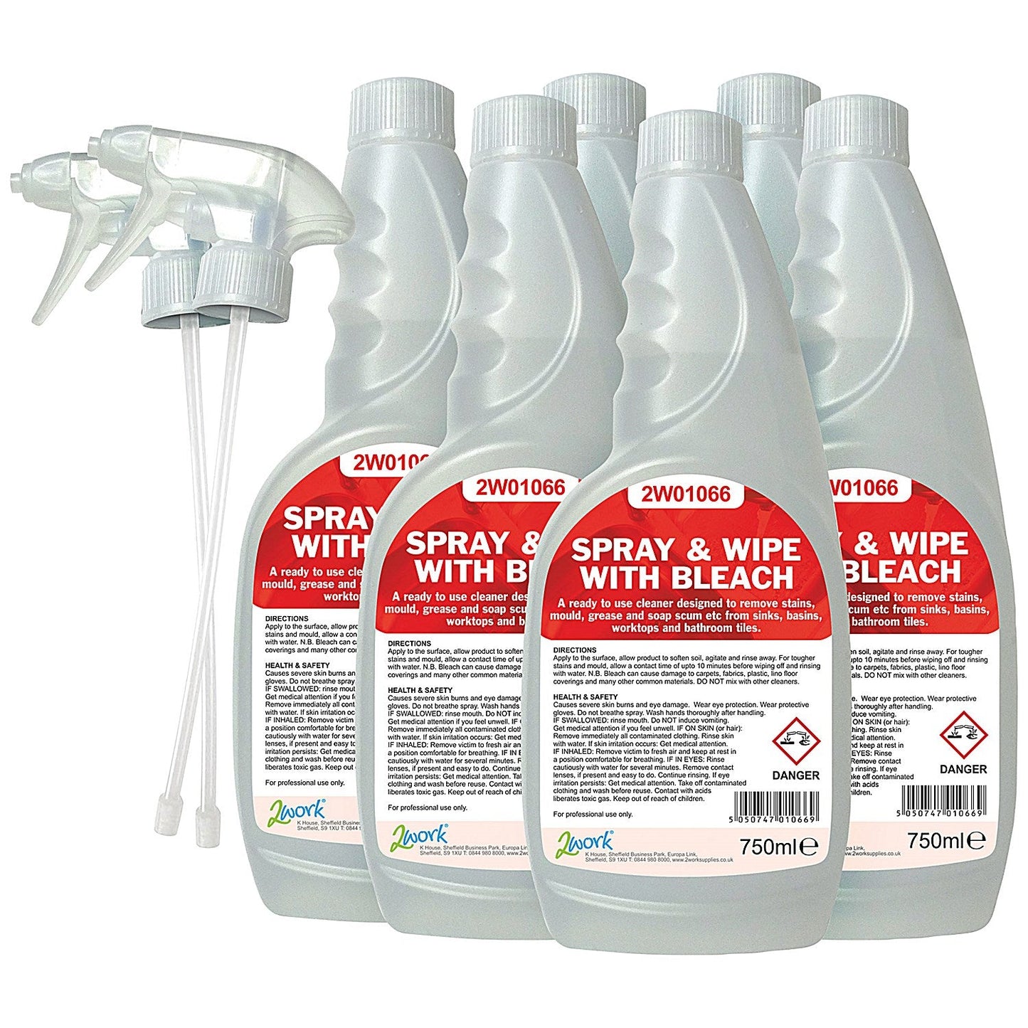 2Work Spray and Wipe with Bleach Spray, 750ml, Pack of 6 Easy2Order : 2W07245