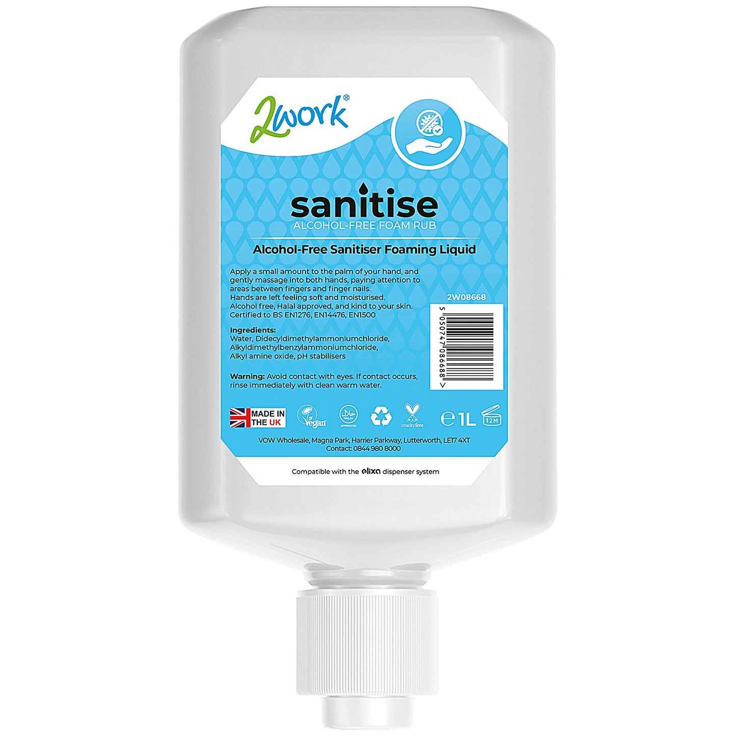 2Work Sanitise Alcohol-Free Foam Hand Sanitiser Cartridge, 1 Litre, Pack of 6