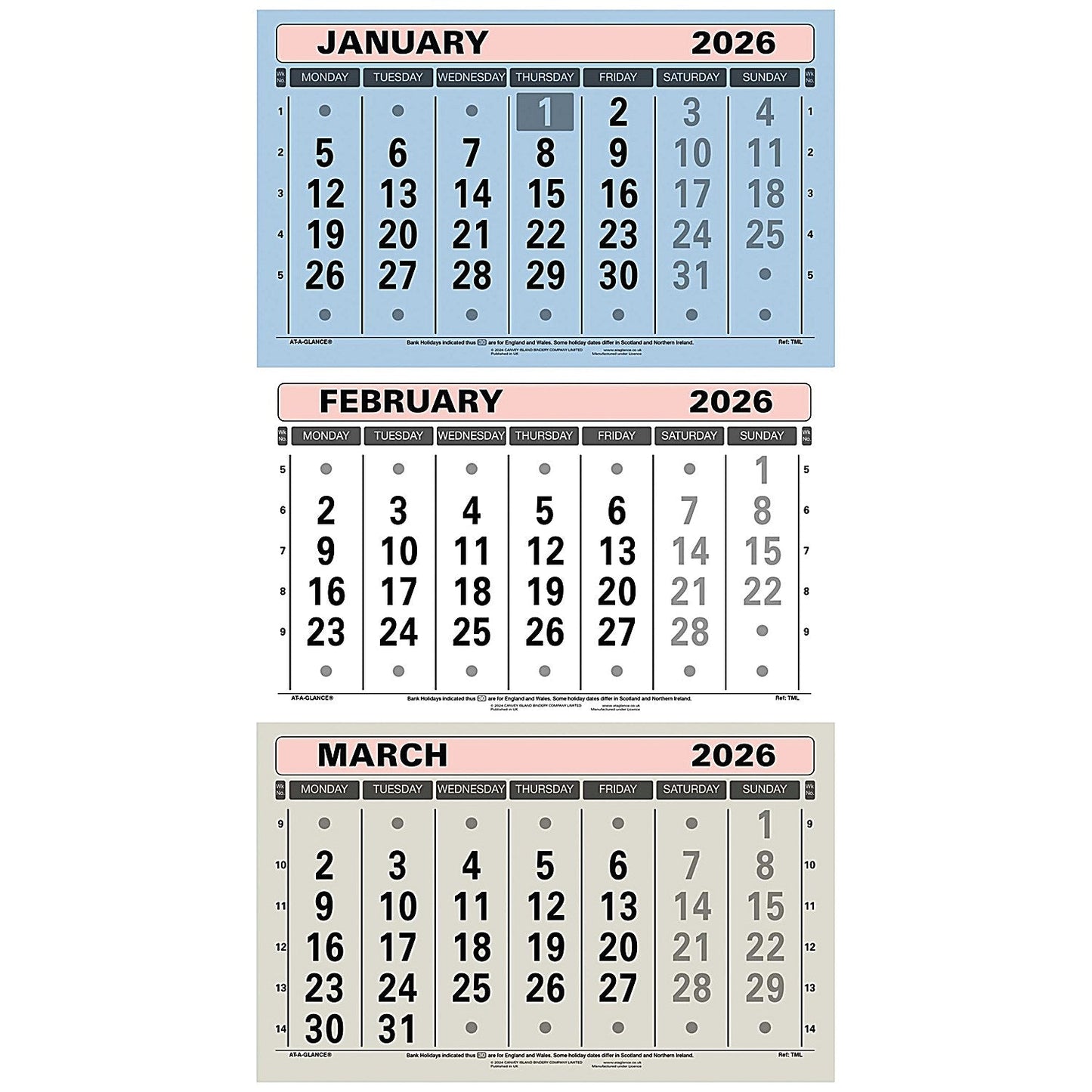 At-A-Glance 2026 3 Monthly Calendar, 300x595mm Easy2Order : ATTML26