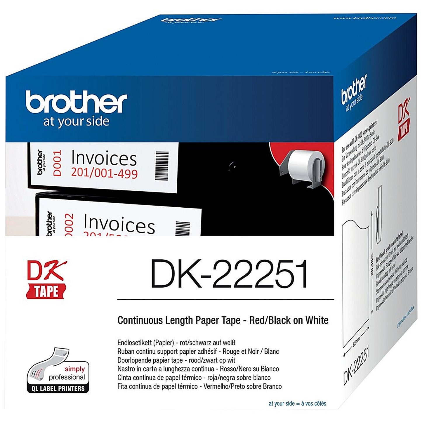 Brother DK-22251 Continuous Paper Tape, Black and Red on White, 62mmx15.24m