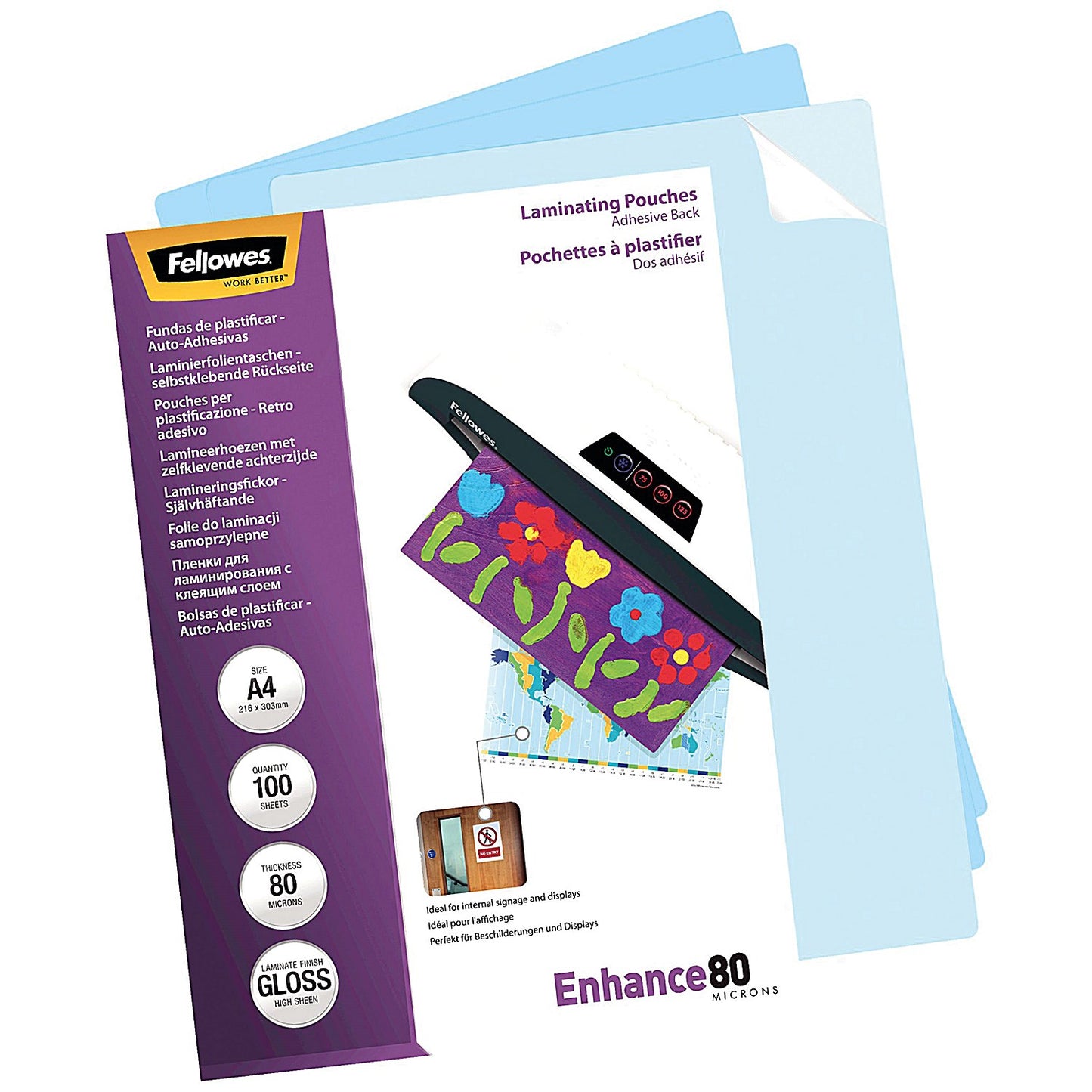 Fellowes Enhance A4 Laminating Pouches, Self Adhesive Back, 160 Microns, Glossy, Pack of 100