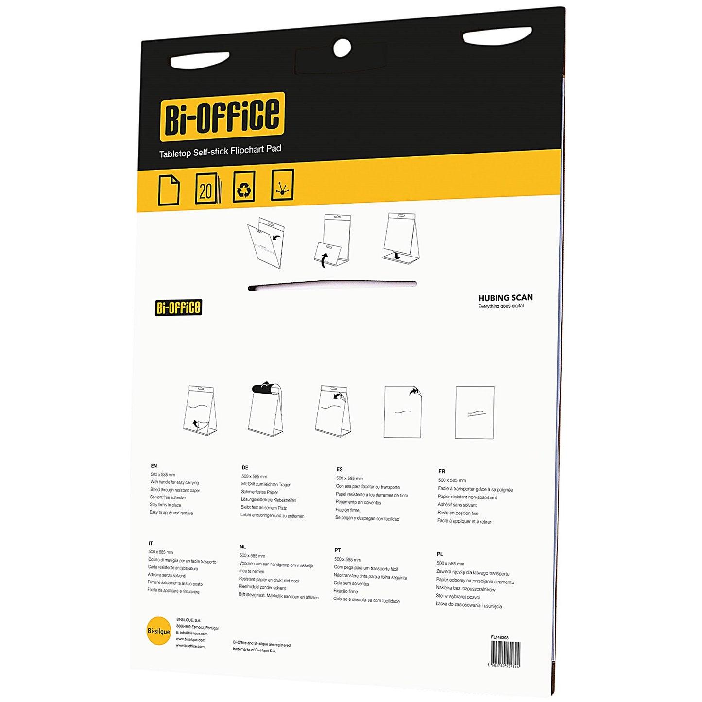 Bi-Office Table Top Self-Stick Flipchart Pad, 585x500mm, 20 Sheets, White