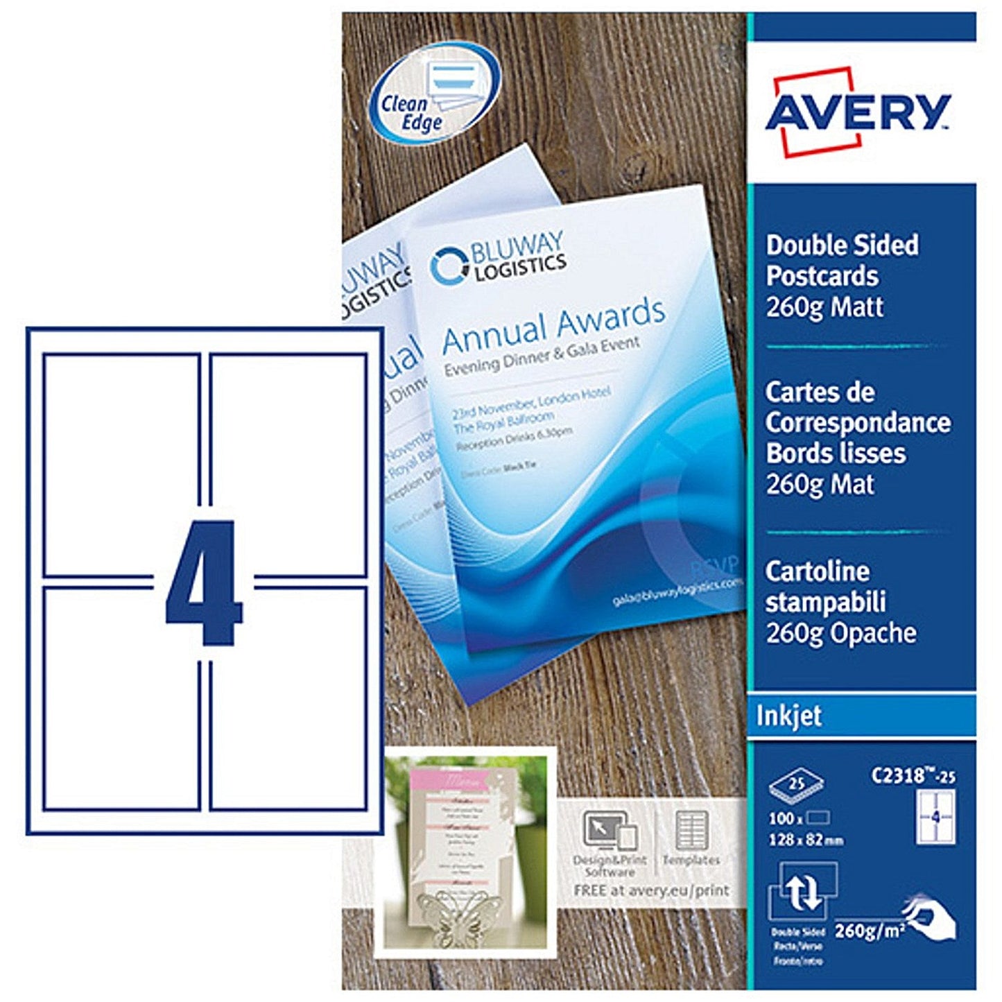 Avery Printable Cards 128mm x 82mm Inkjet Prints on Both Sides 100 Cards/25 Sheets (Pack 100 Cards) - C2318-25 Easy2Order : C2318-25