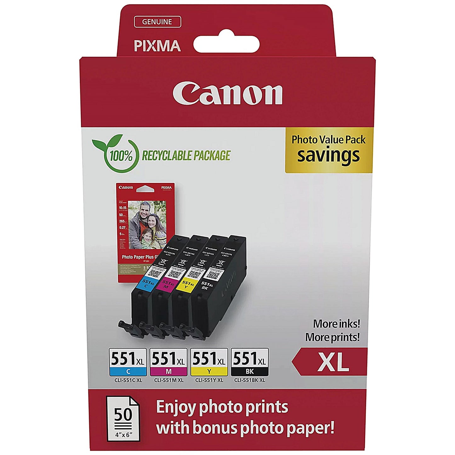 Canon CLI-551XL Ink Cartridges High Yield CMYK + 4 x 6 in Photo Paper Value Pack 6443B008