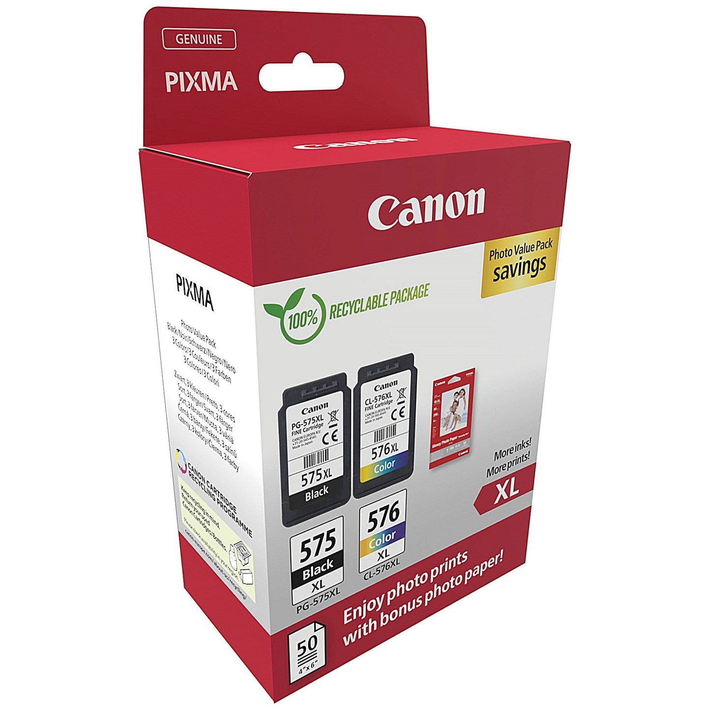 Canon PG-575XL/CL-576XL Ink Cartridges High Yield K/CMY + 4 x 6 in Photo Paper Value Pack 5437C006 Easy2Order : CO67967