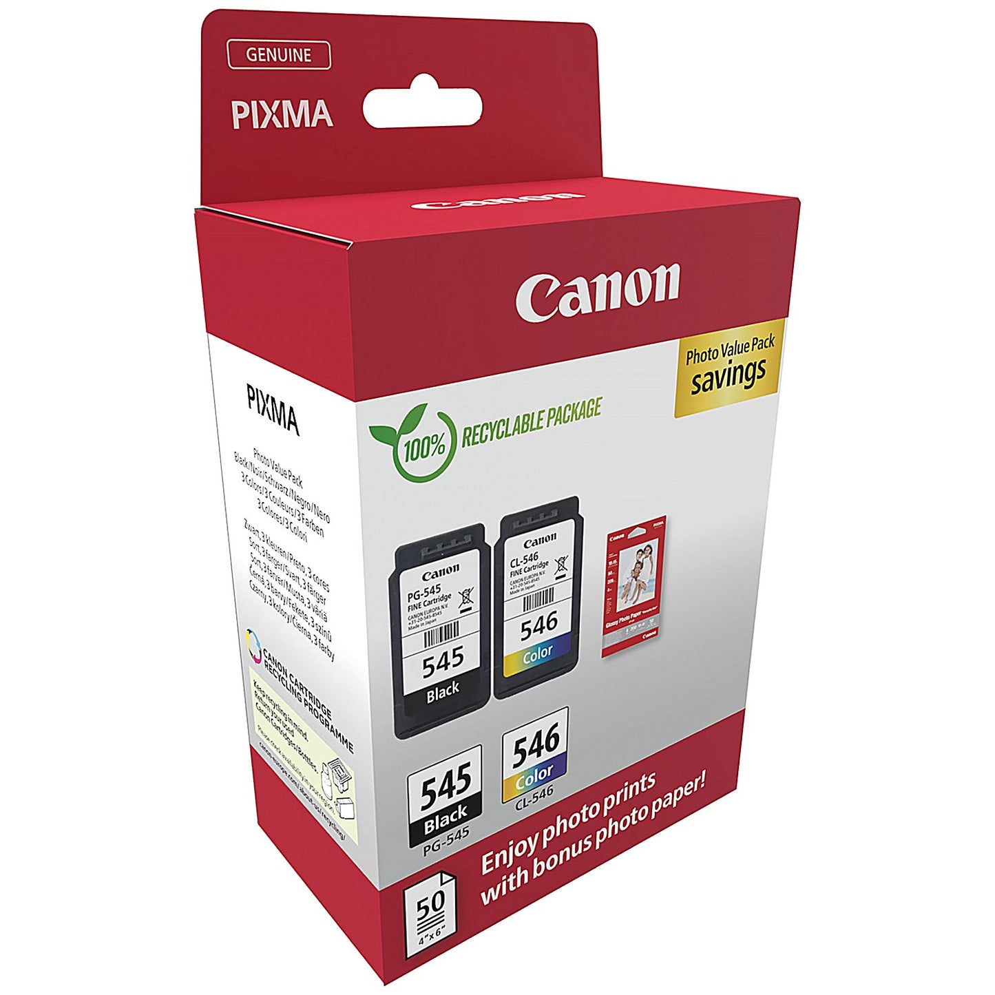 Canon PG-545/CL-546 Ink Cartridges K/CMY + 4 x 6 in Photo Paper Value Pack 8287B008