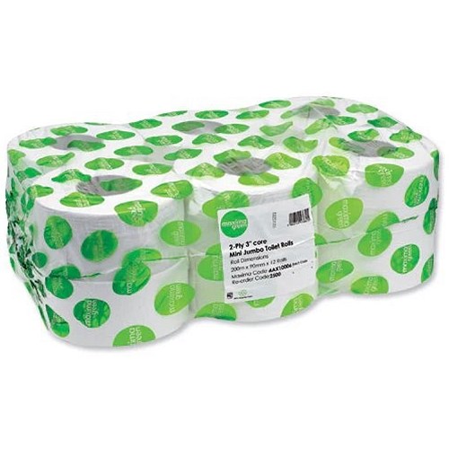 Maxima Mini Jumbo Toilet Roll, 2-Ply, 200 Metre, White, Pack of 12 Easy2Order : CPD97307