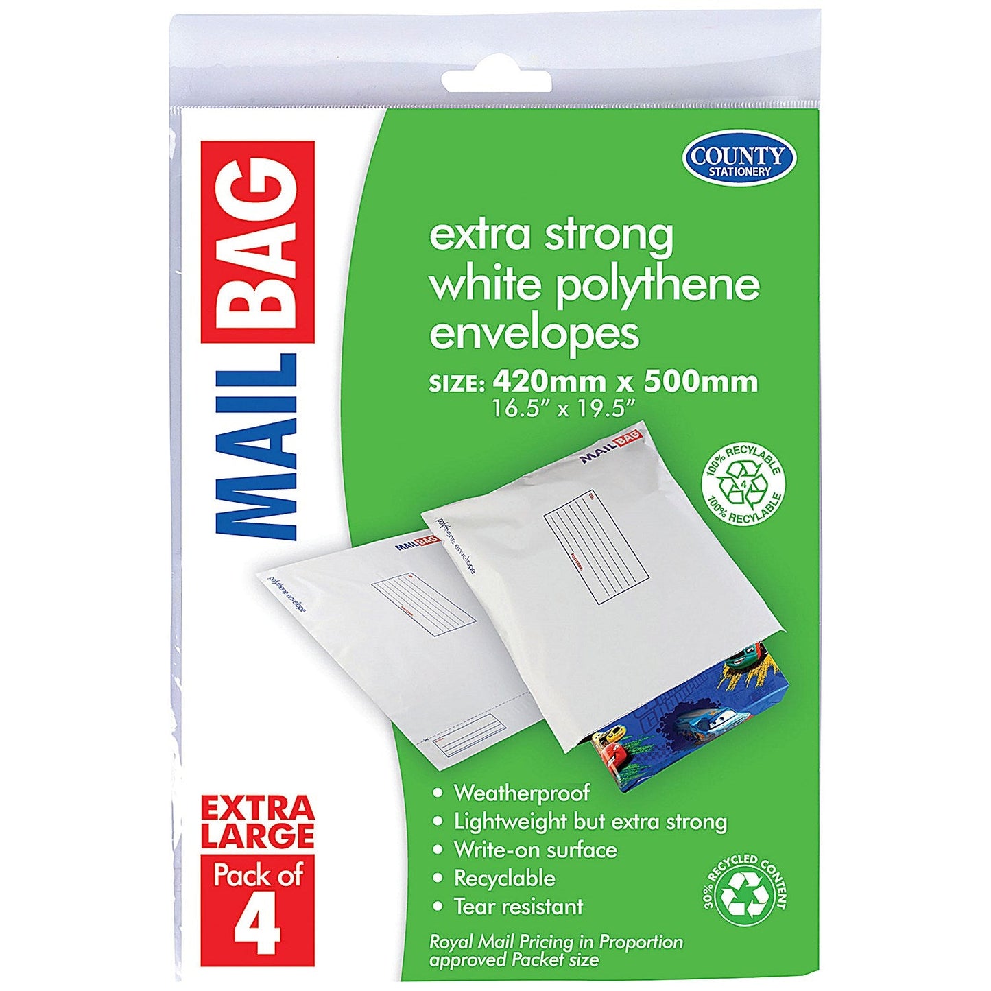 County Stationery Mail Bag Polythene Envelopes, White Extra Large 420x500mm, Pack of 40 Easy2Order : CTY11003