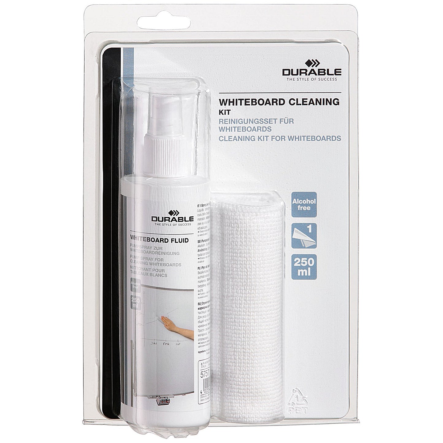 Durable Whiteboard Cleaning Kit, 250ml Pump Spray and Microfibre Cloth
