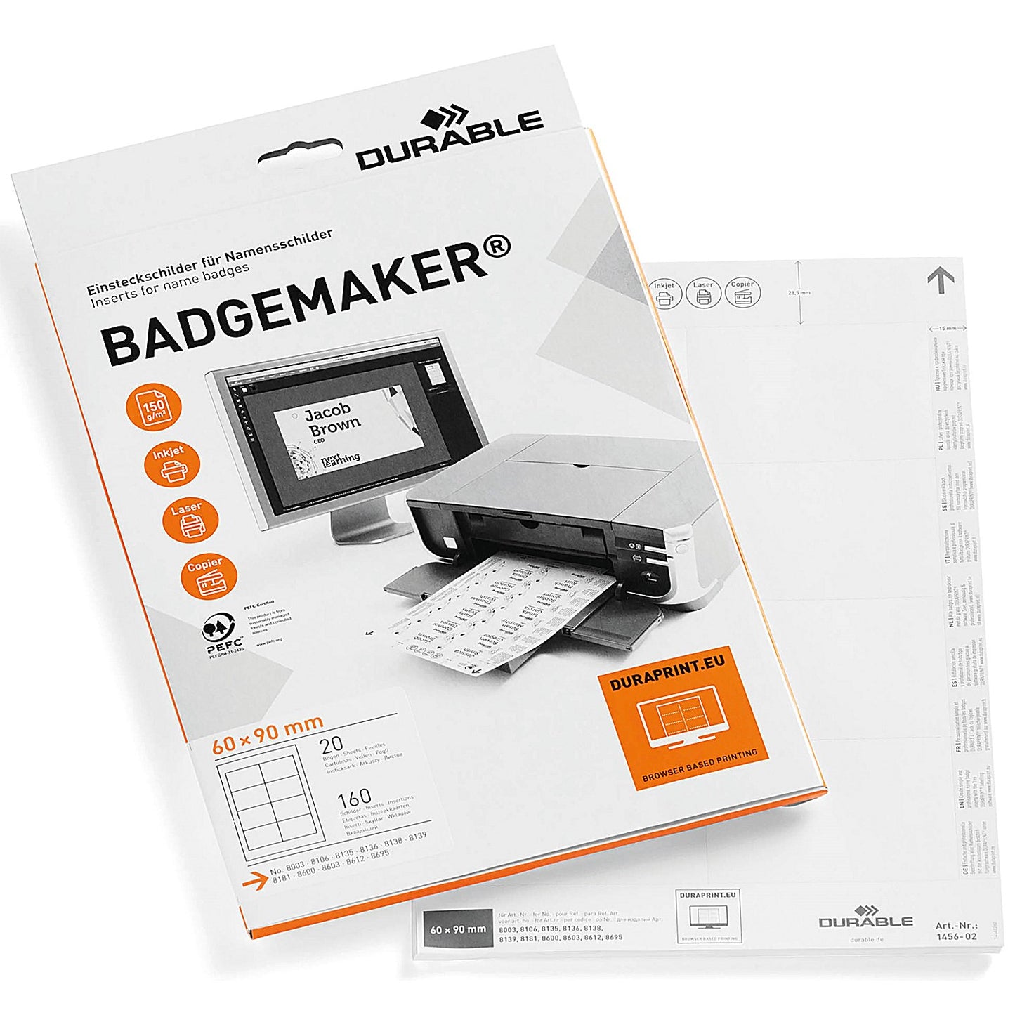Durable Inserts for Duraprint Badgemaker, 150gsm, 90x60mm, Pack of 160