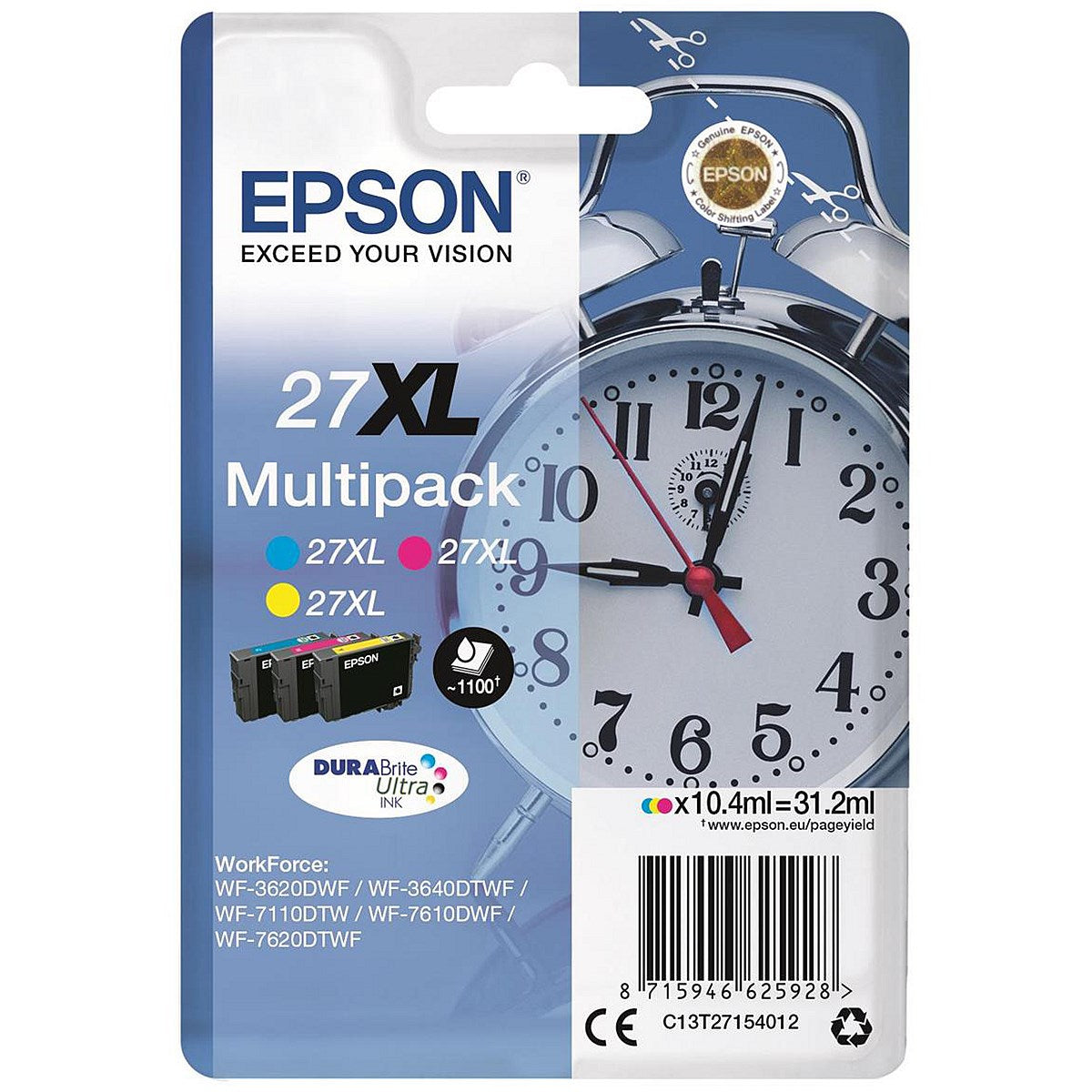 Epson 27XL High Yield Inkjet Cartridge Colour Multipack, 3 cartridges, Cyan, Magenta and Yellow