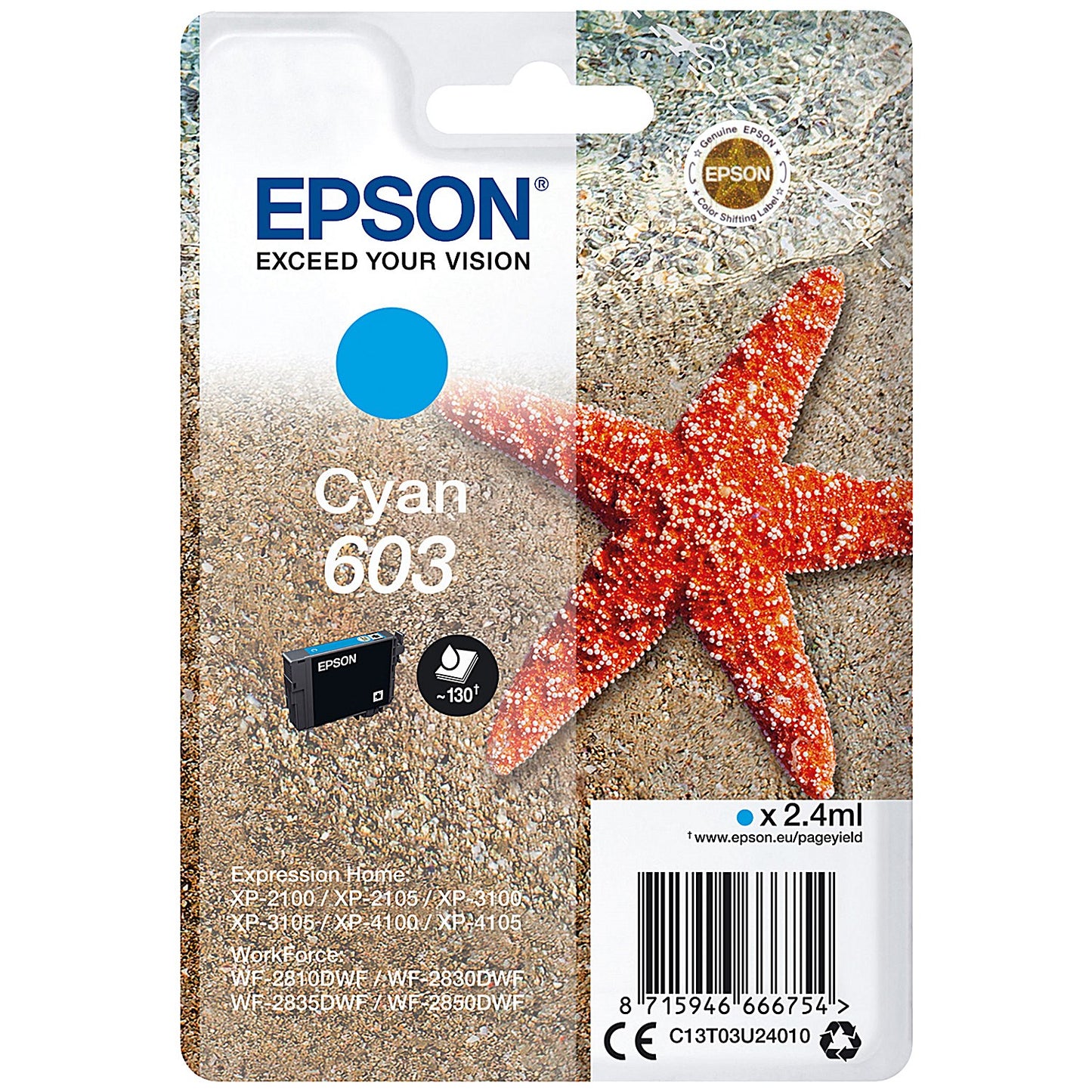 Epson 603 Starfish Ink Cartridge Cyan C13T03U24010