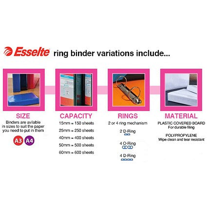 Esselte Maxi Ring Binder, A4, 4 D-Ring, 40mm Capacity, Black