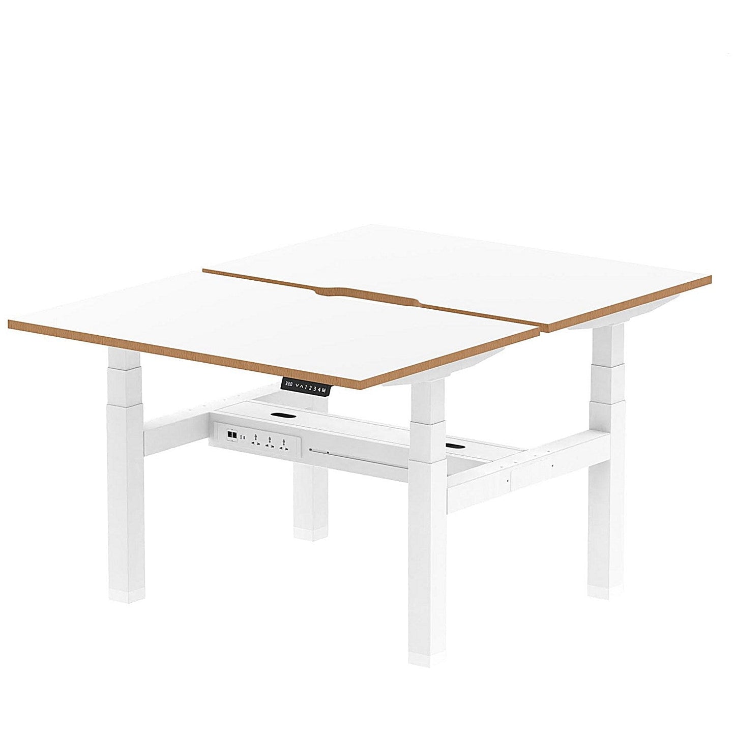 Oslo 2 Person Sit-Standing Bench Desk, Back to Back, 2 x 1200mm (800mm Deep), White Frame, White with Wooden Edge Easy2Order : HA03042