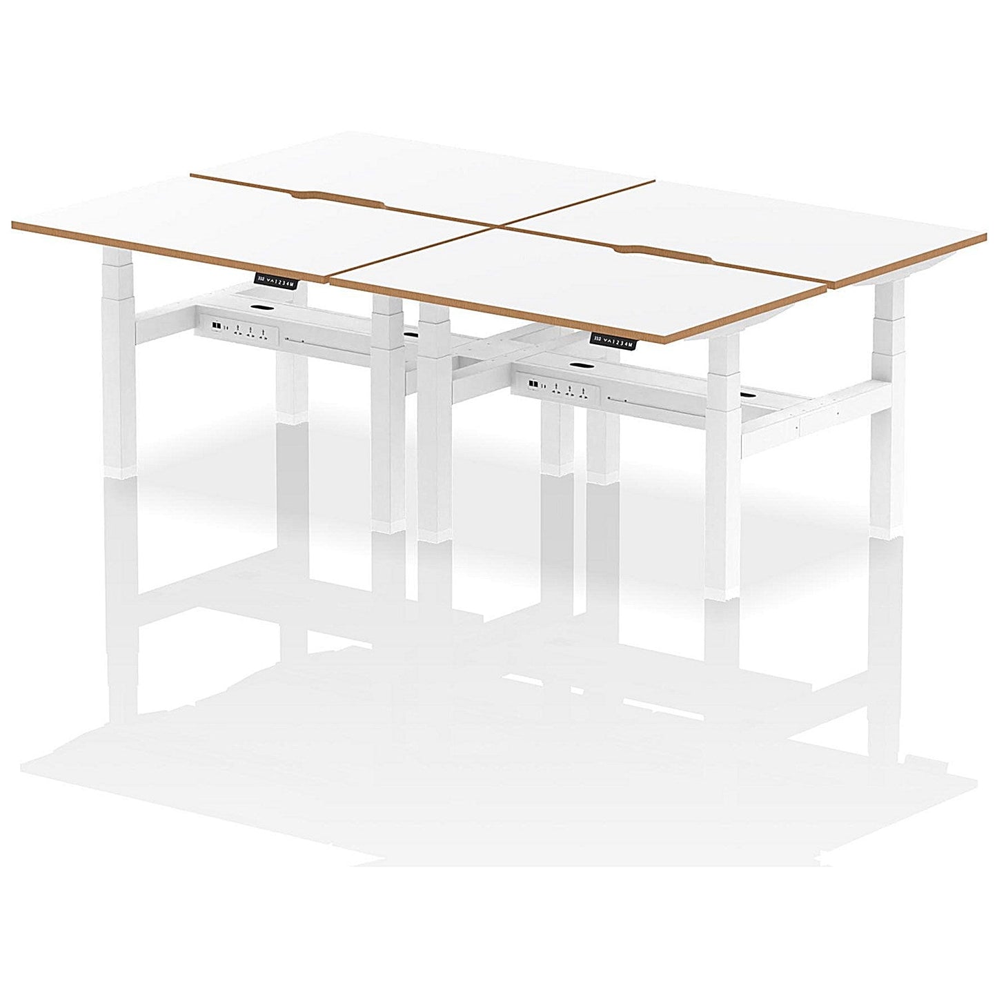 Oslo 4 Person Sit-Standing Bench Desk, Back to Back, 4 x 1200mm (800mm Deep), White Frame, White with Wooden Edge Easy2Order : HA03043