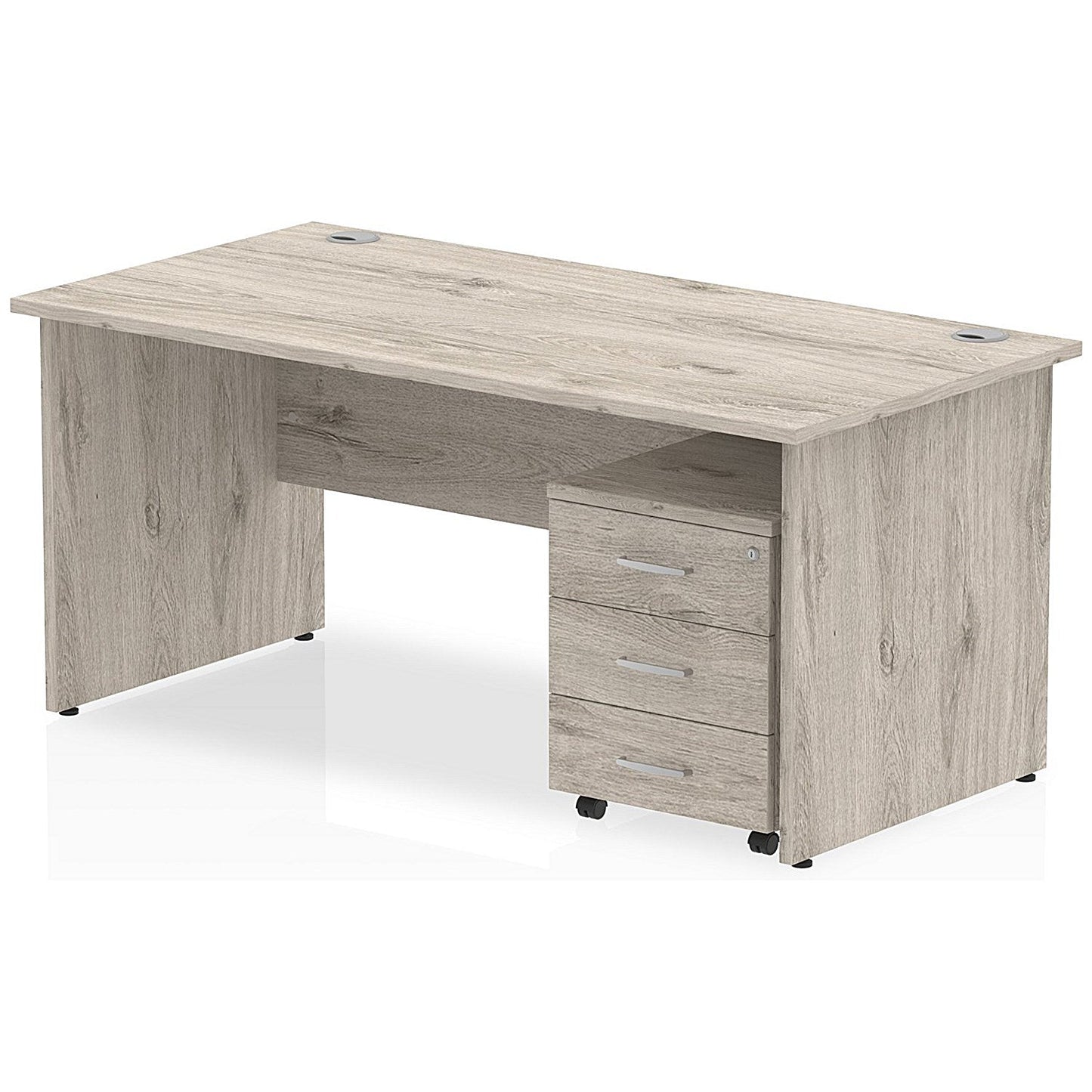 Impulse 1600mm Rectangular Desk, Panel End Leg, 3 Drawer Mobile Pedestal, Grey Oak Easy2Order : I003197