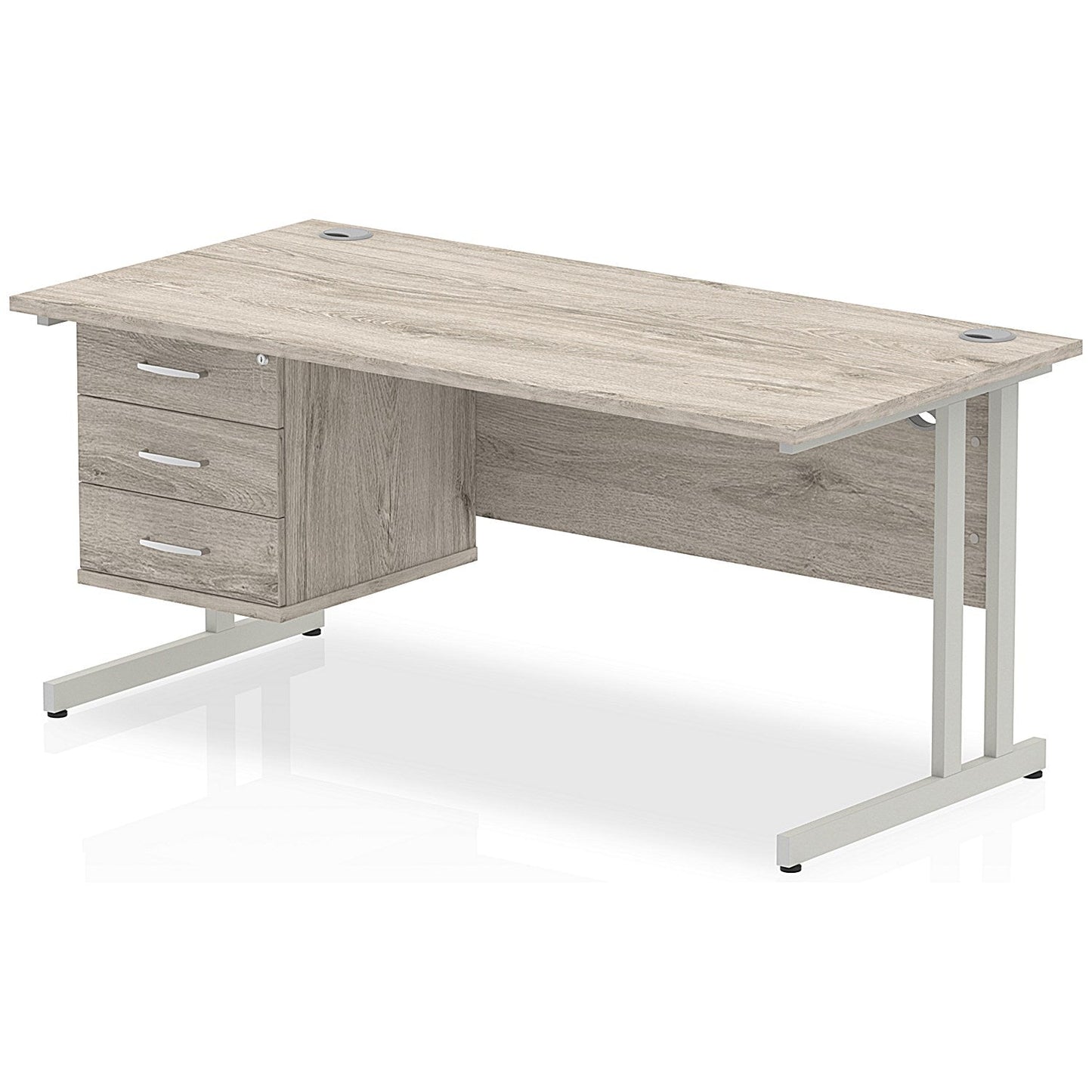 Impulse 1600mm Rectangular Office Desk With Fixed 3 Drawer Pedestal, Silver Cantilever Leg, Grey Oak Easy2Order : I003487