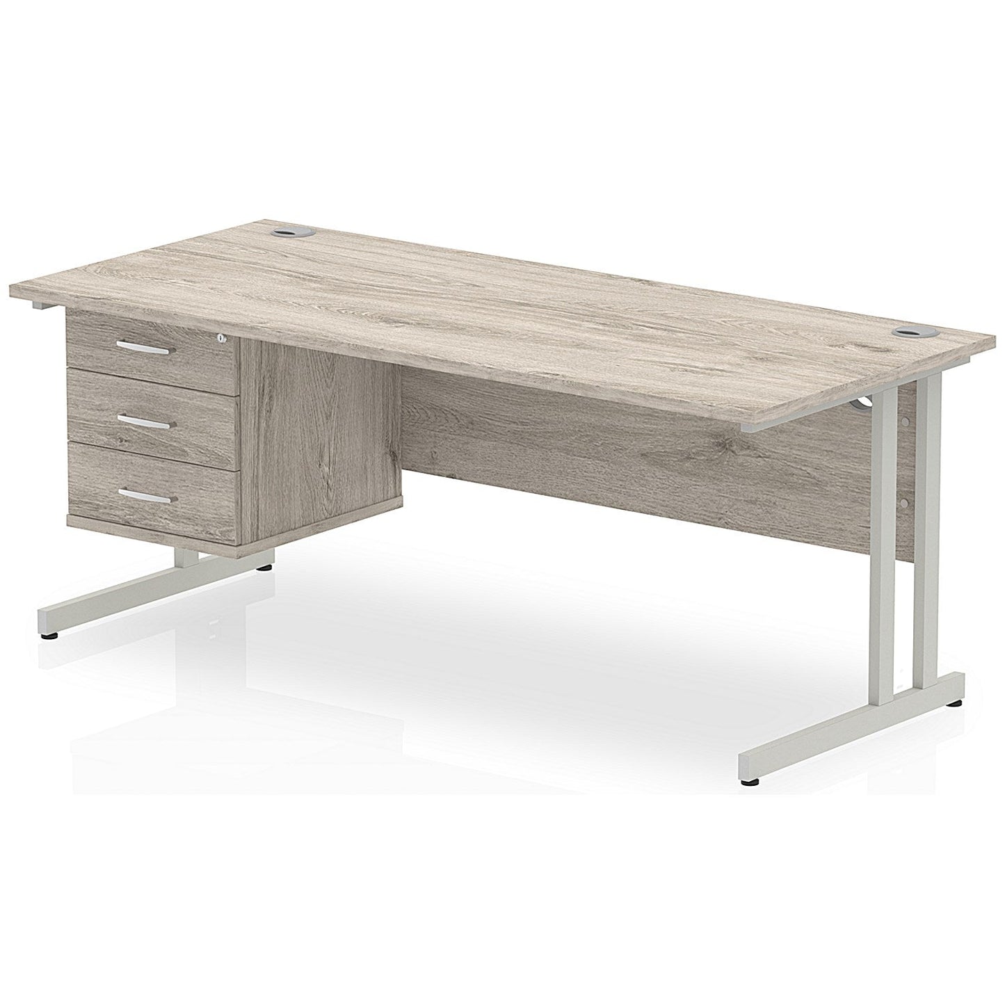 Impulse 1800mm Rectangular Office Desk With Fixed 3 Drawer Pedestal, Silver Cantilever Leg, Grey Oak Easy2Order : I003512