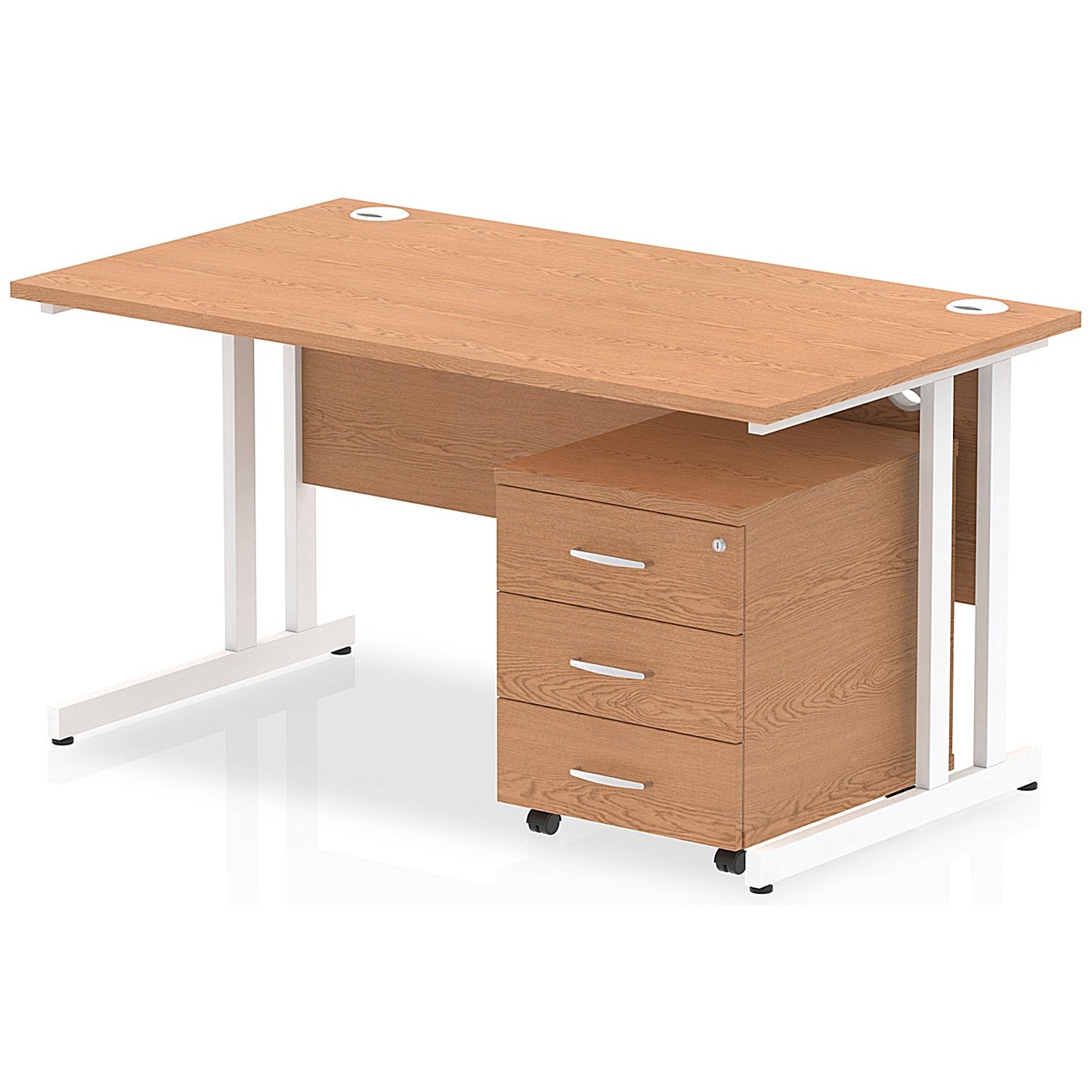 Impulse 1400 Rectangular Desk with 3 Drawer Mobile Pedestal, White Cantilever Leg, Oak