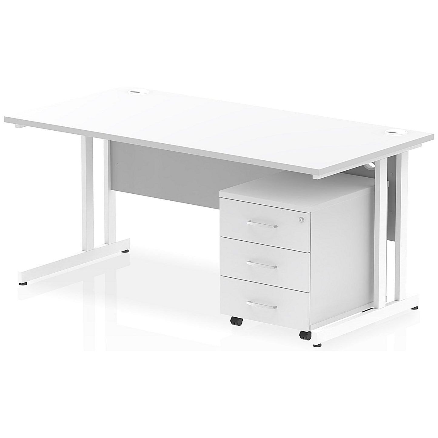 Impulse 1600 Rectangular Desk with 3 Drawer Mobile Pedestal, White Cantilever Leg, White