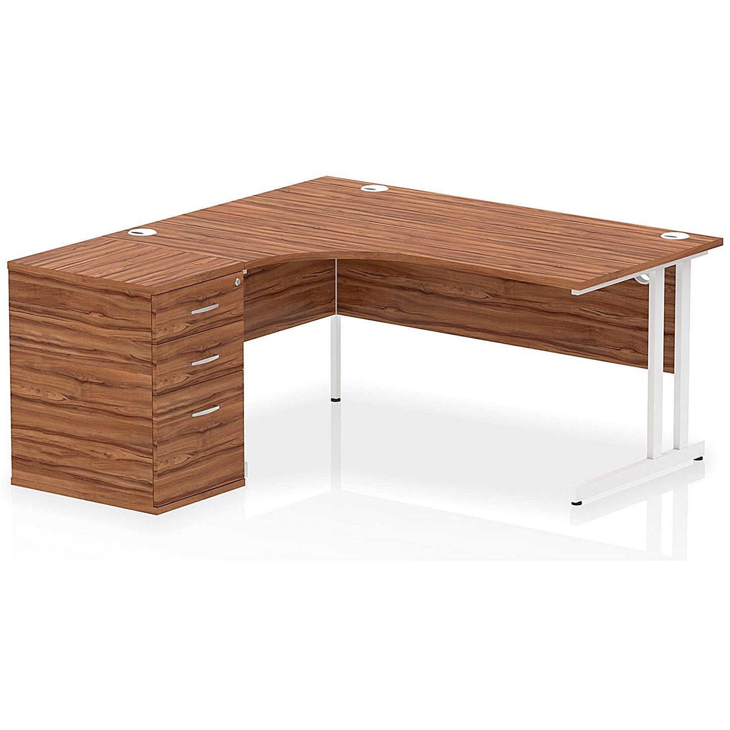 Impulse 1600mm Corner Desk with 600mm Desk High Pedestal, Left Hand, White Cantilever Leg, Walnut
