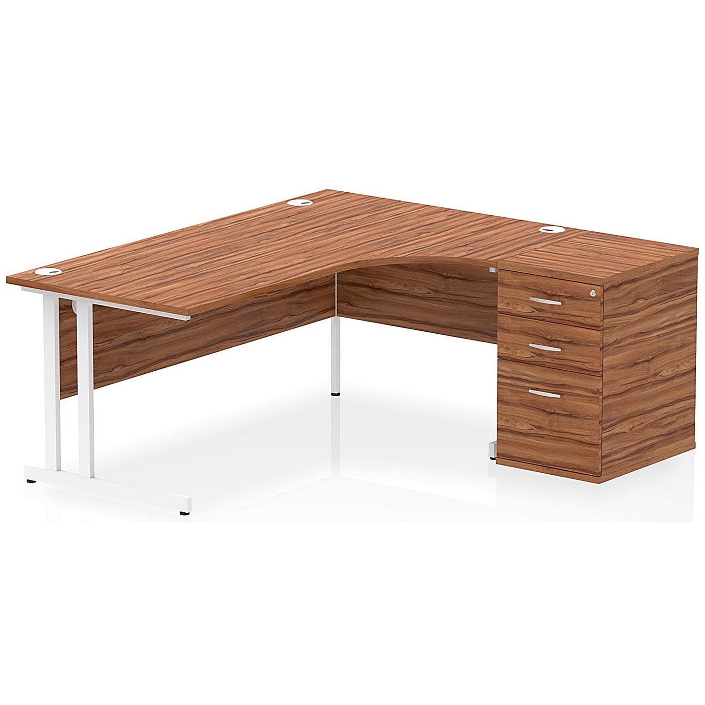 Impulse 1800mm Corner Desk with 600mm Desk High Pedestal, Right Hand, White Cantilever Leg, Walnut