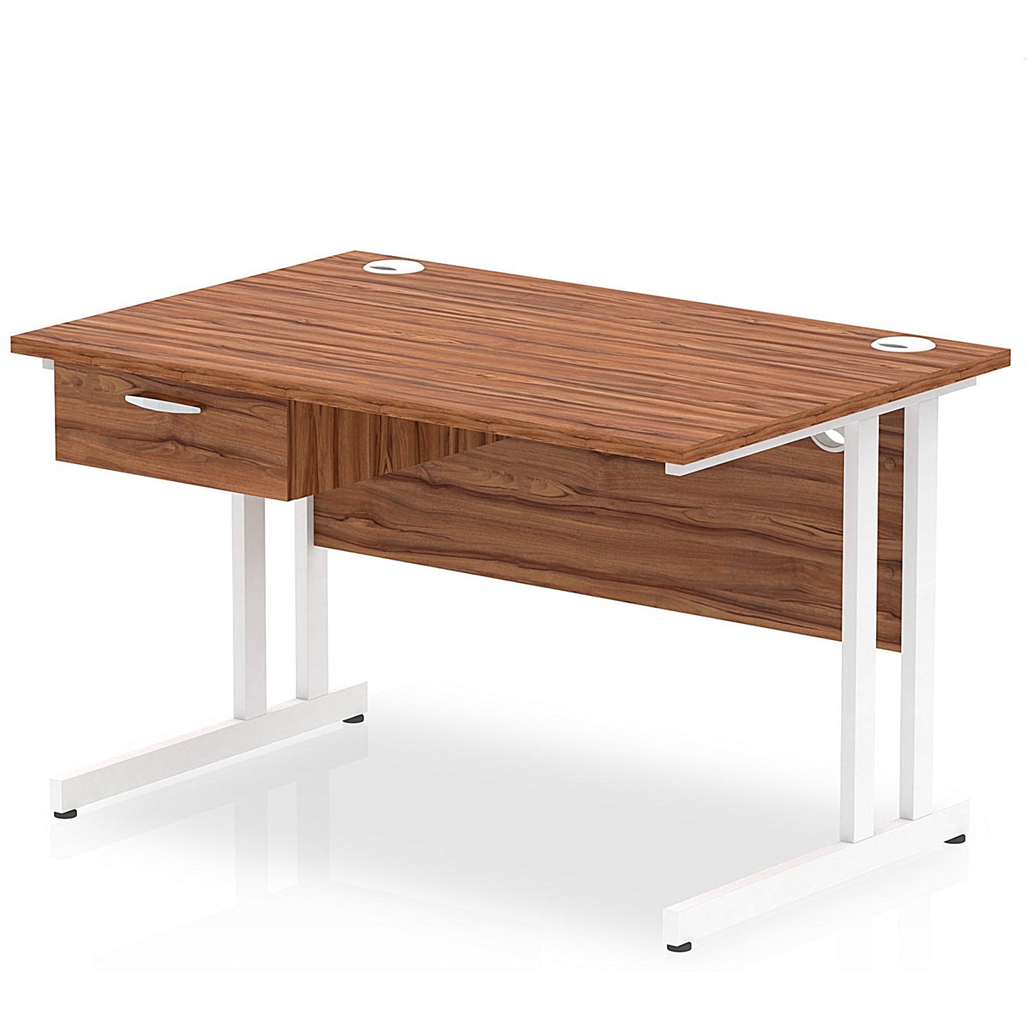 Impulse 1200mm Rectangular Desk with attached Pedestal, White Cantilever Leg, Walnut