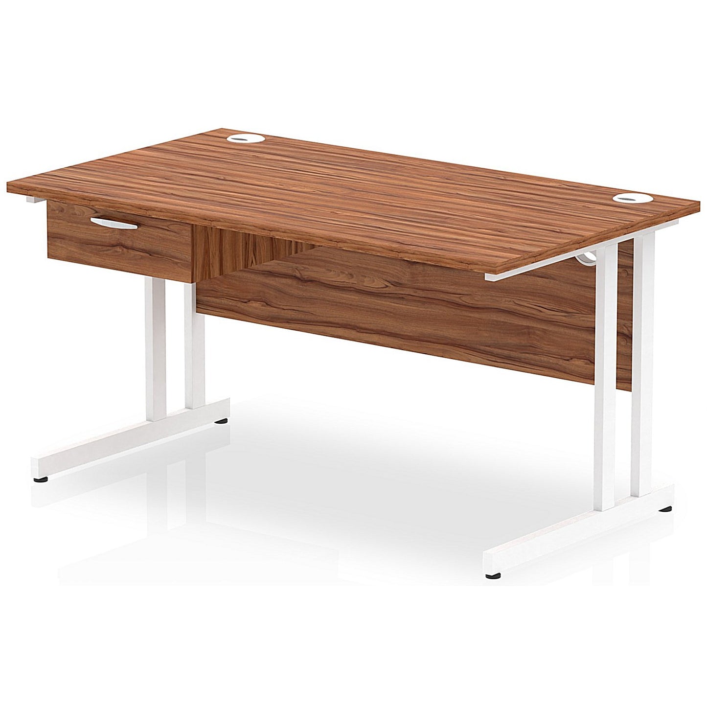 Impulse 1400mm Rectangular Desk with attached Pedestal, White Cantilever Leg, Walnut
