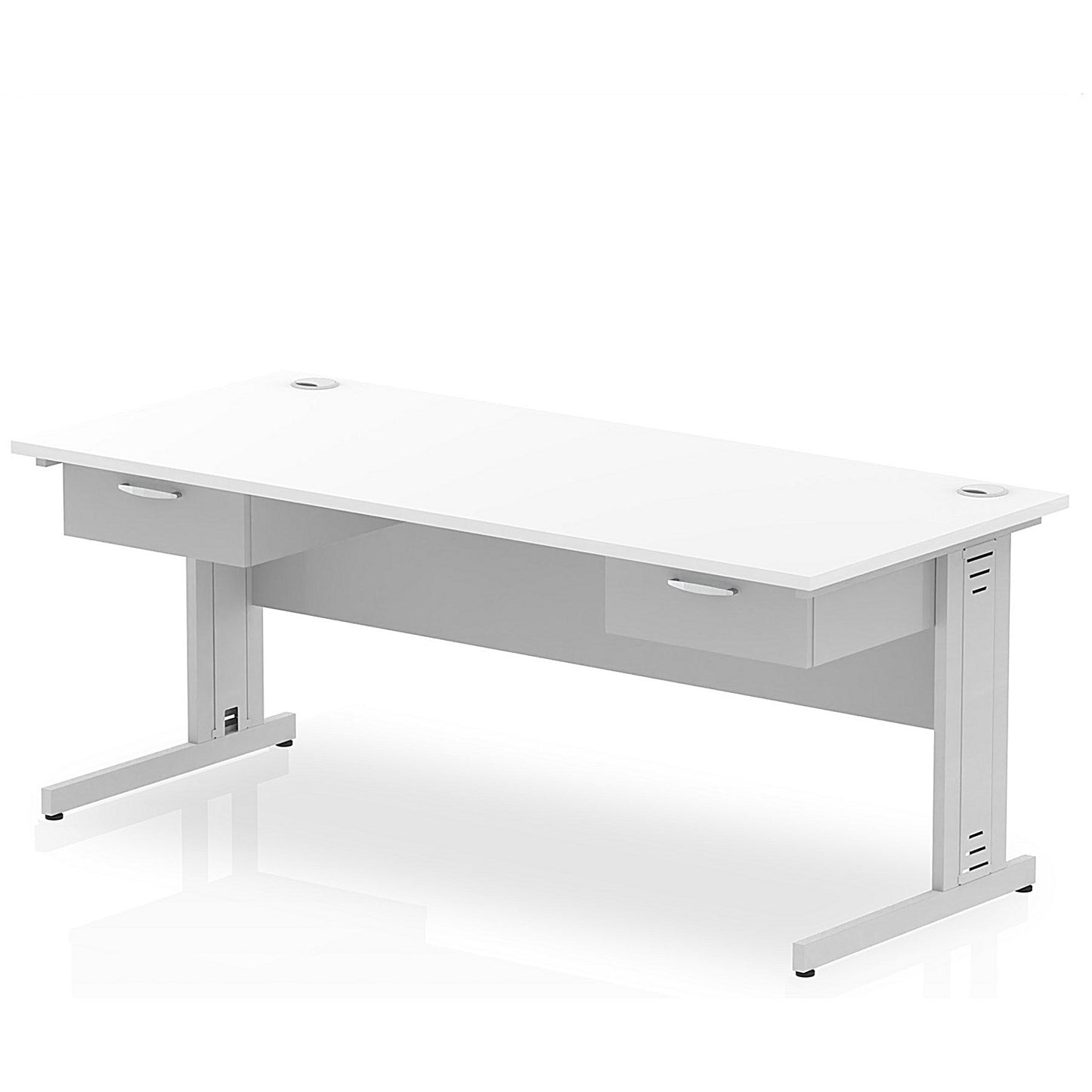 Impulse 1800mm Rectangular Desk with 2 attached Pedestals, Silver Cable Managed Leg, White