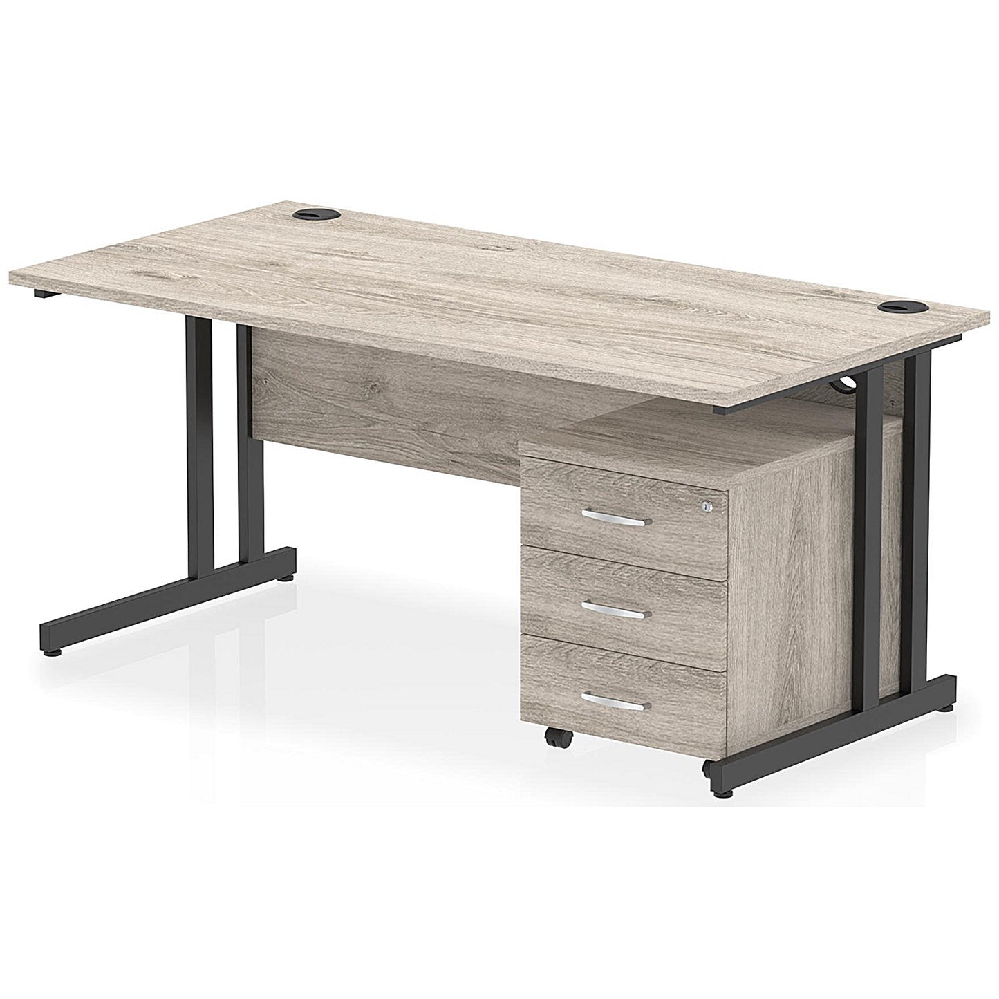 Impulse 1600mm Rectangular Desk, Black Cantilever Leg, Grey Oak, With 3 Drawer Mobile Pedestal