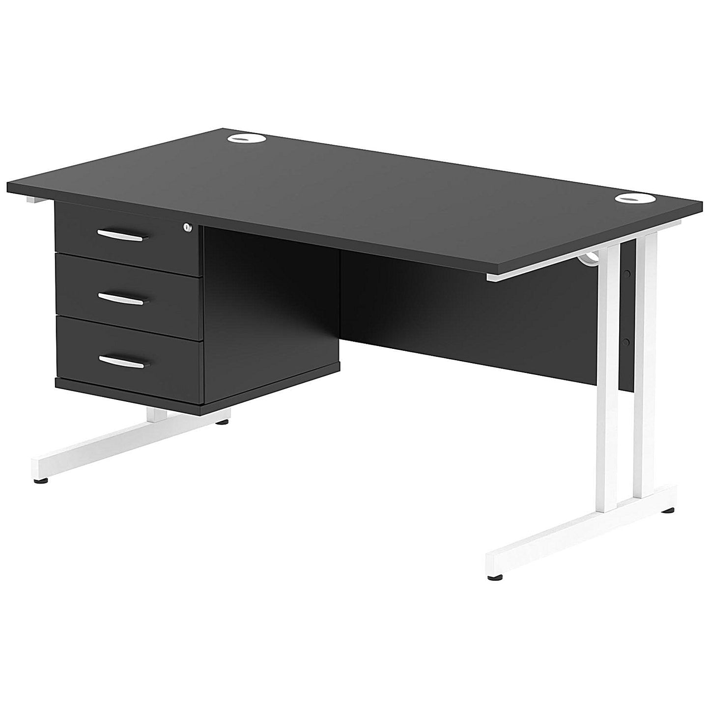 Impulse 1400mm Rectangular Office Desk With Fixed 3 Drawer Pedestal, White Cantilever Leg, Black