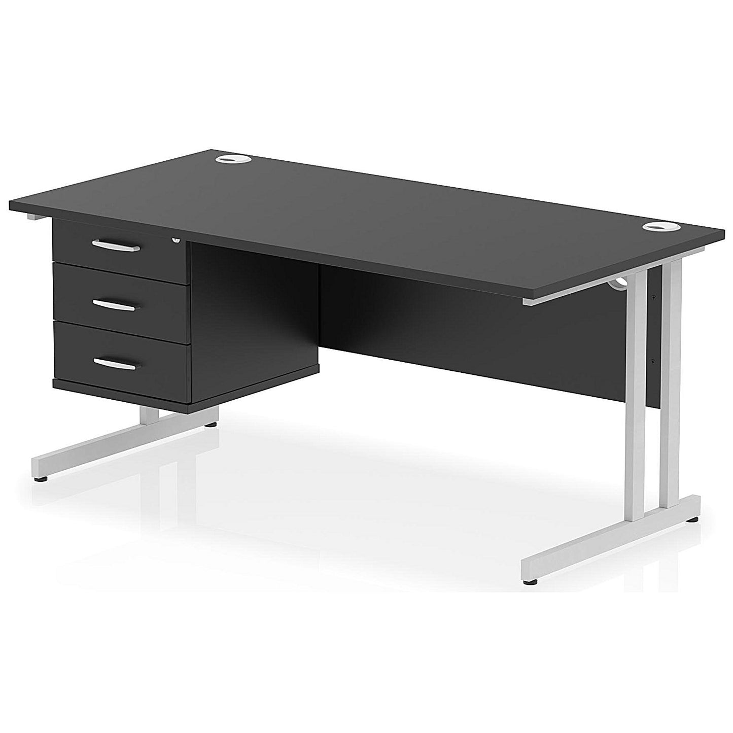 Impulse 1600mm Rectangular Office Desk With Fixed 3 Drawer Pedestal, Silver Cantilever Leg, Black