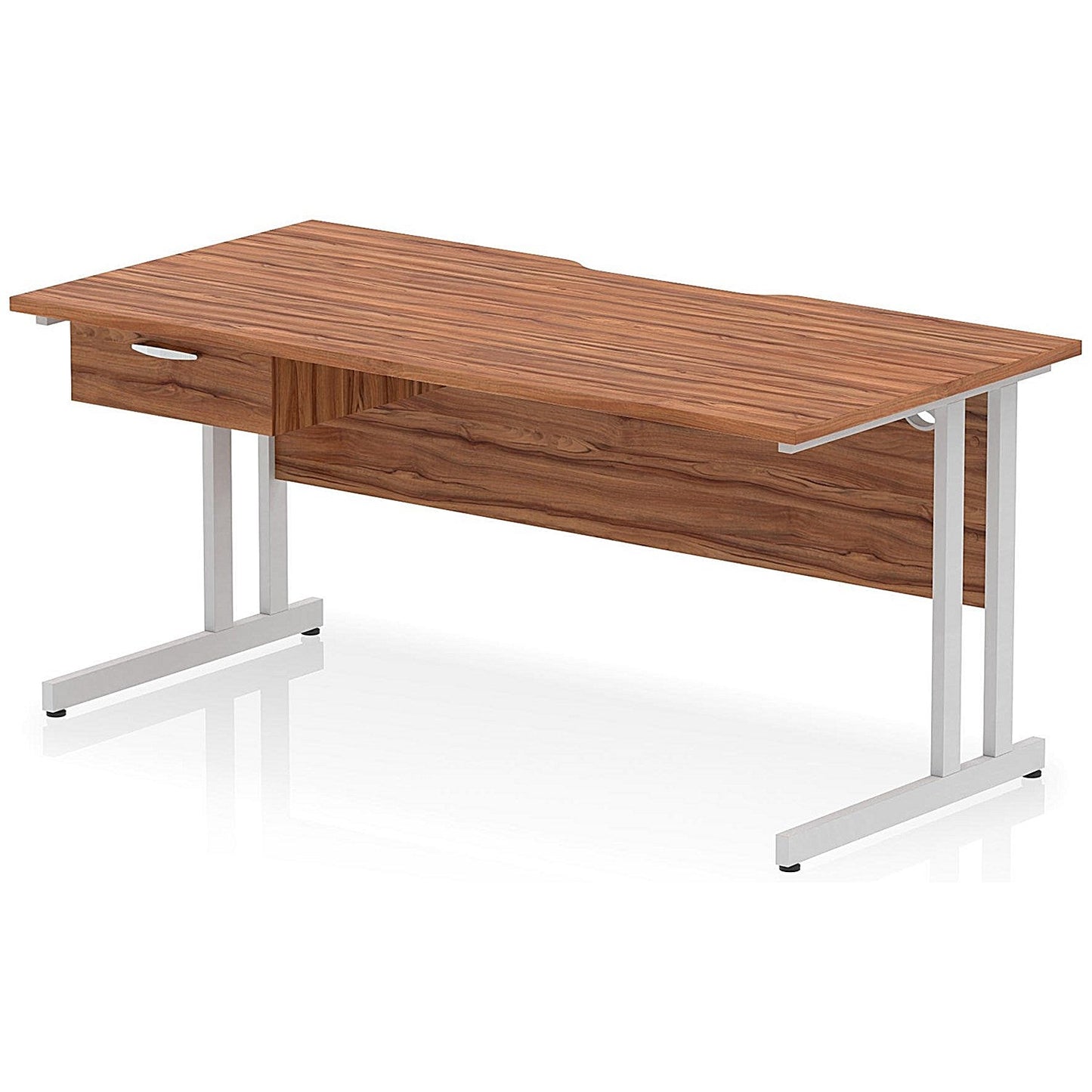 Impulse 1600mm Scalloped Edge Rectangular Desk, Silver Cantilever Legs, Walnut, With 1 x 1 Drawer Fixed Pedestal Easy2Order : I006030