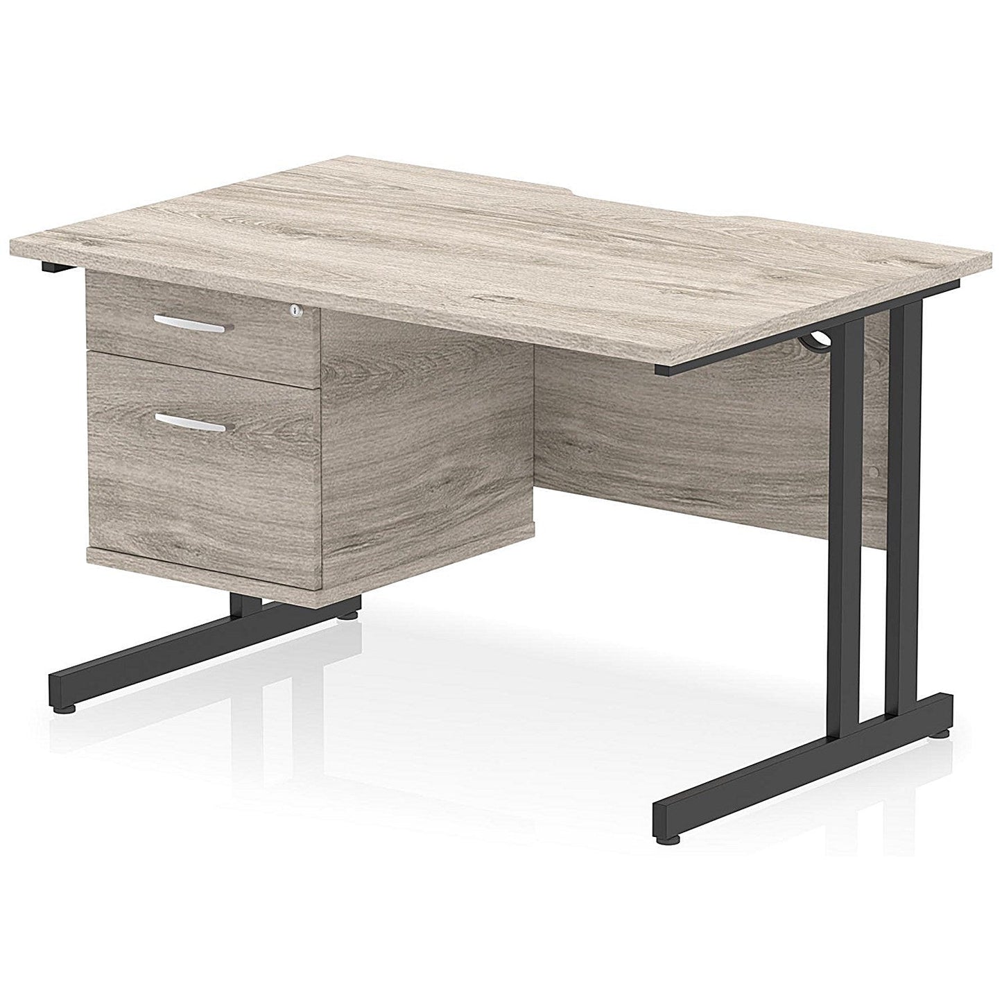 Impulse 1200mm Scalloped Edge Rectangular Desk, Black Cantilever Legs, Grey Oak, With 1 x 2 Drawer Fixed Pedestal Easy2Order : I006110