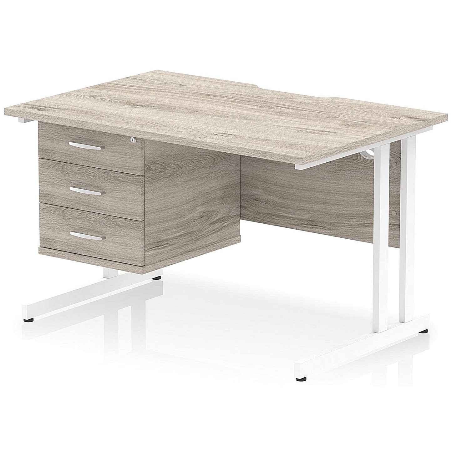 Impulse 1200mm Scalloped Edge Rectangular Desk, White Cantilever Legs, Grey Oak, With 1 x 3 Drawer Fixed Pedestal Easy2Order : I006238