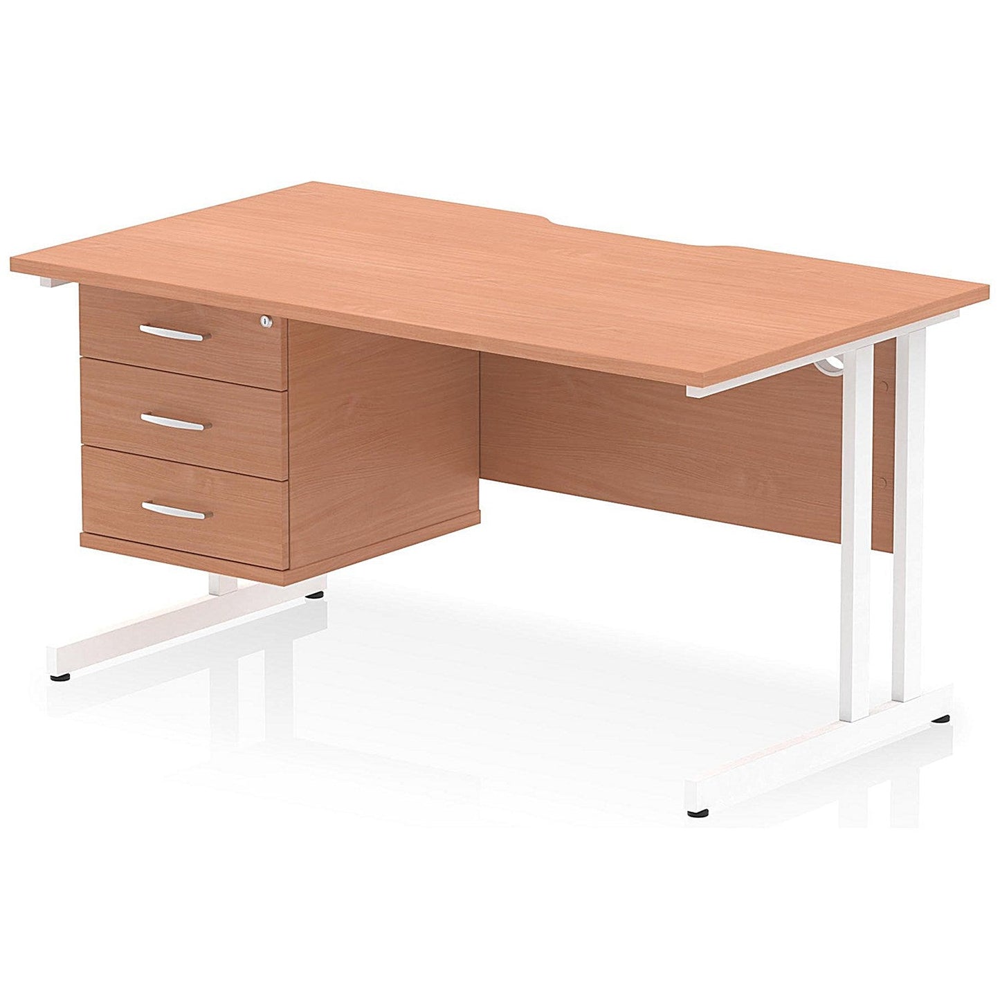 Impulse 1400mm Scalloped Edge Rectangular Desk, White Cantilever Legs, Beech, With 1 x 3 Drawer Fixed Pedestal Easy2Order : I006253
