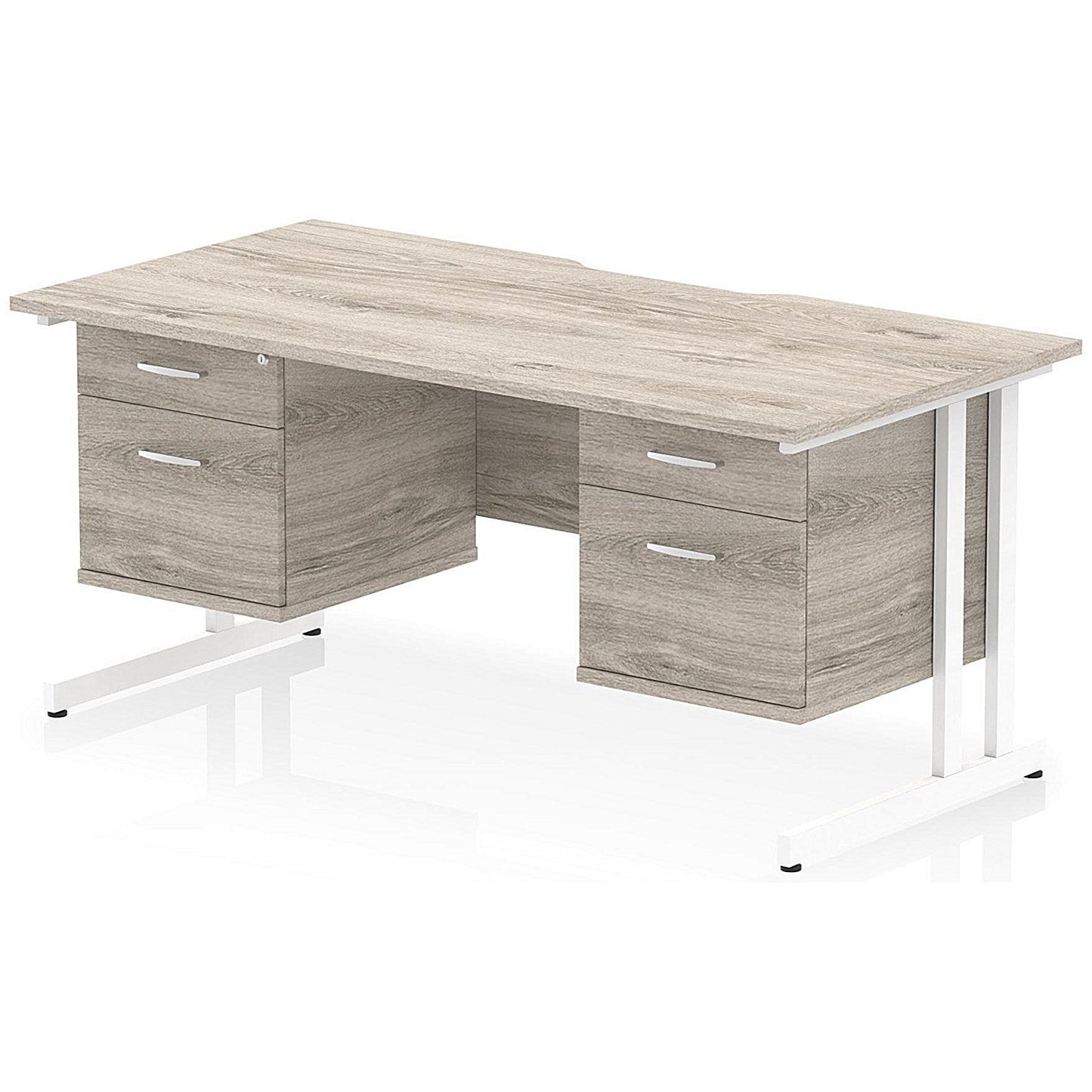 Impulse 1600mm Scalloped Edge Rectangular Desk, White Cantilever Legs, Grey Oak, With 2 x 2 Drawer Fixed Pedestals Easy2Order : I006448