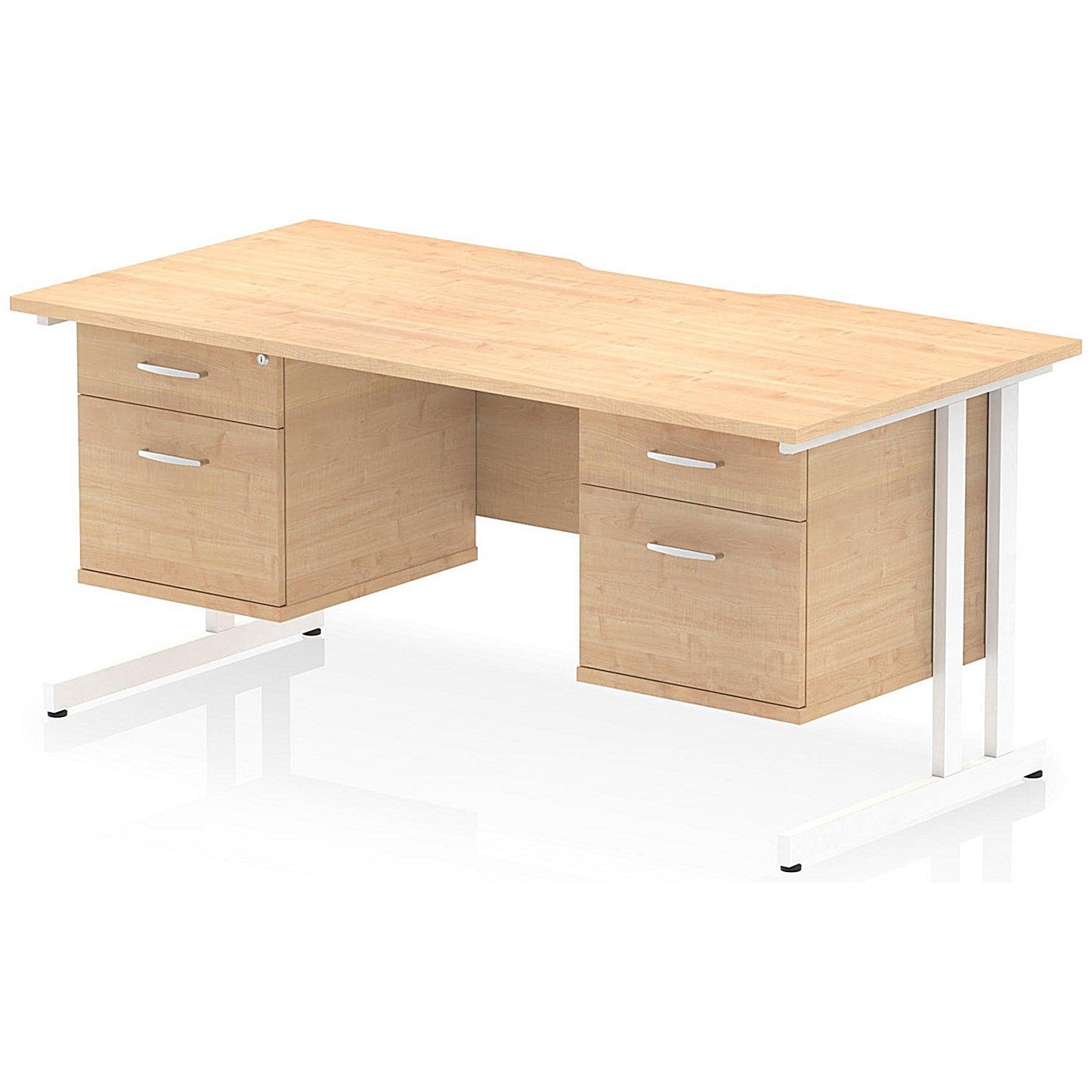 Impulse 1600mm Scalloped Edge Rectangular Desk, White Cantilever Legs, Maple, With 2 x 2 Drawer Fixed Pedestals Easy2Order : I006451
