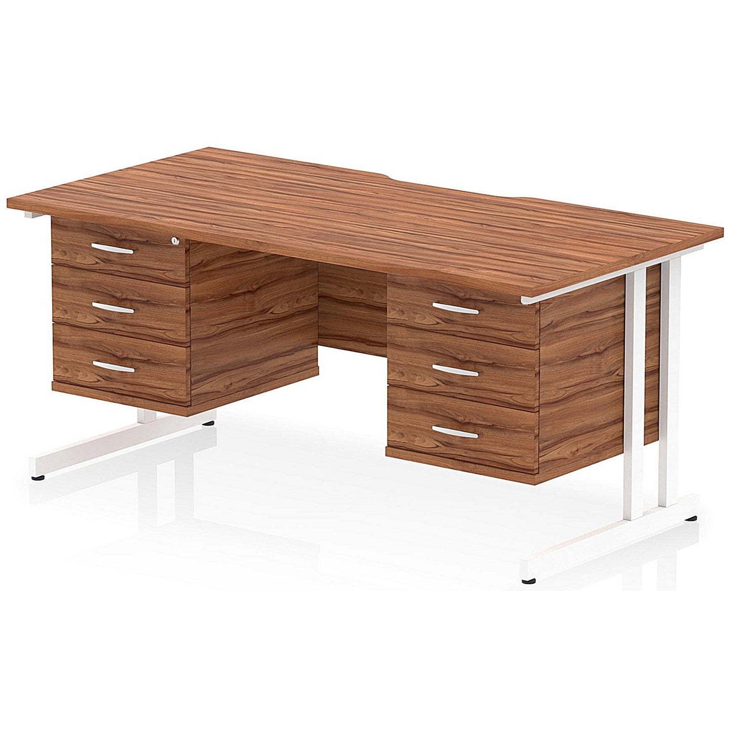 Impulse 1600mm Scalloped Edge Rectangular Desk, White Cantilever Legs, Walnut, With 2 x 3 Drawer Fixed Pedestals Easy2Order : I006499