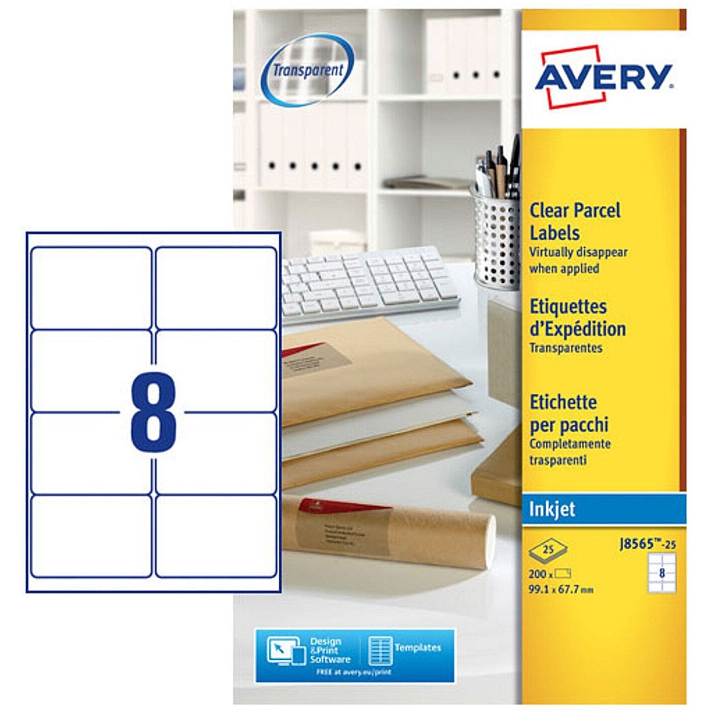 Avery Inkjet Address Label 99.1x67.7mm 8 Per A4 Sheet Clear (Pack 200 Labels) J8565-25 Easy2Order : J8565-25