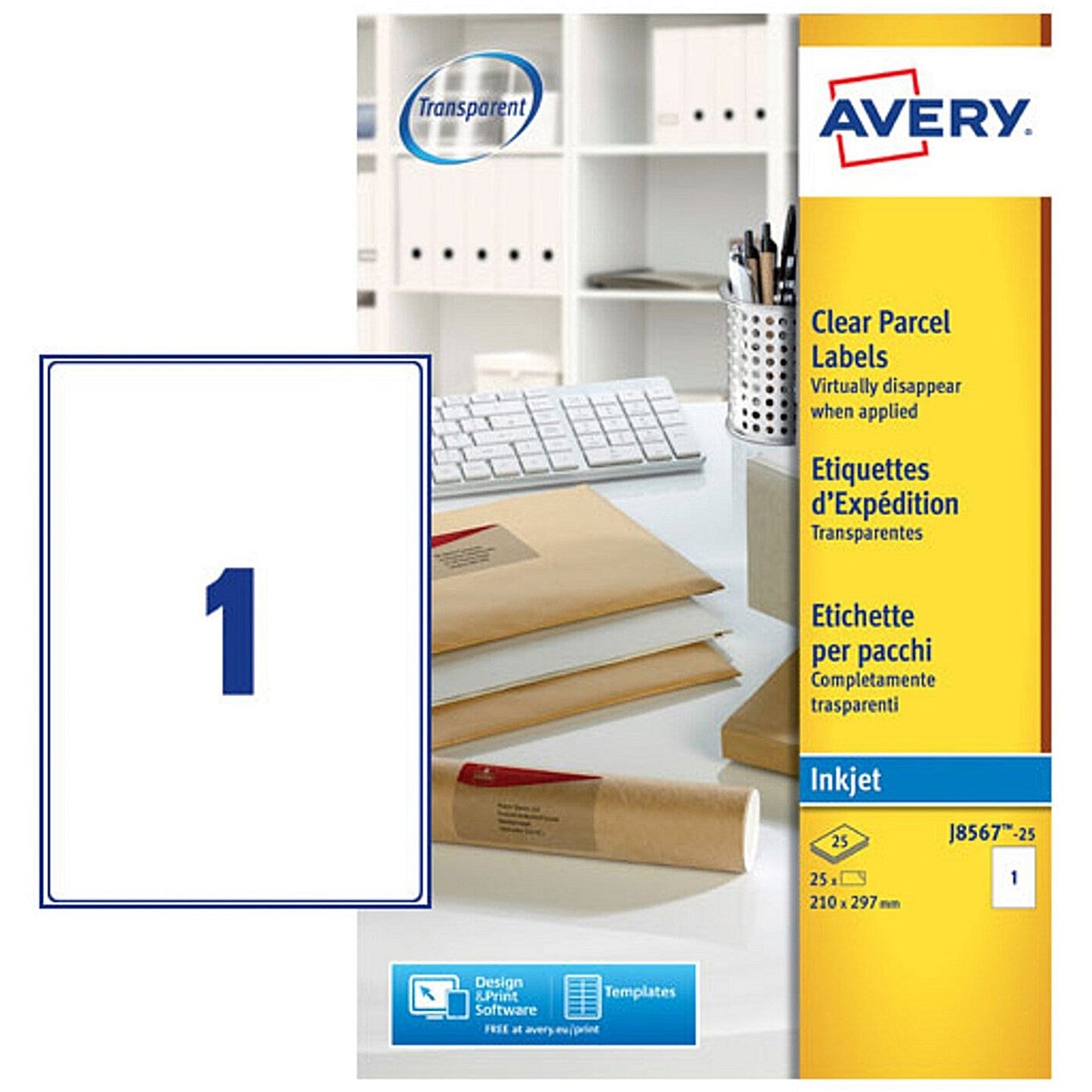 Avery Inkjet Address Label 210x297mm 1 Per A4 Sheet Clear (Pack 25 Labels) J8567-25 Easy2Order : J8567-25