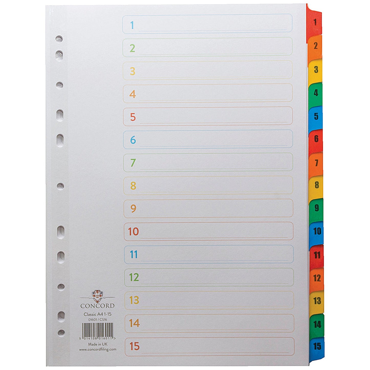 Concord Reinforced Board Index Dividers, 1-15, Multicolour Tabs, A4, White