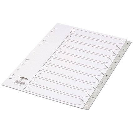 Concord Plastic Index Dividers, 1-10, Grey Tabs, A4, White