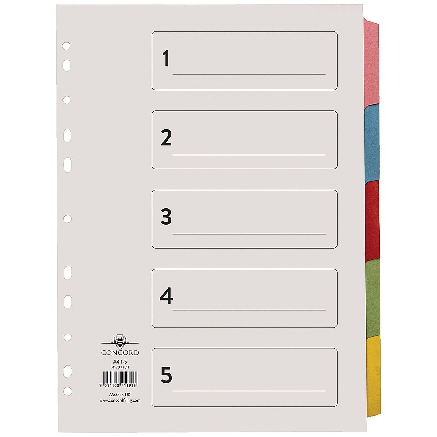Concord Reinforced Board Subject Dividers, 5-Part, Blank Multicolour Tabs, A4, Multicolour