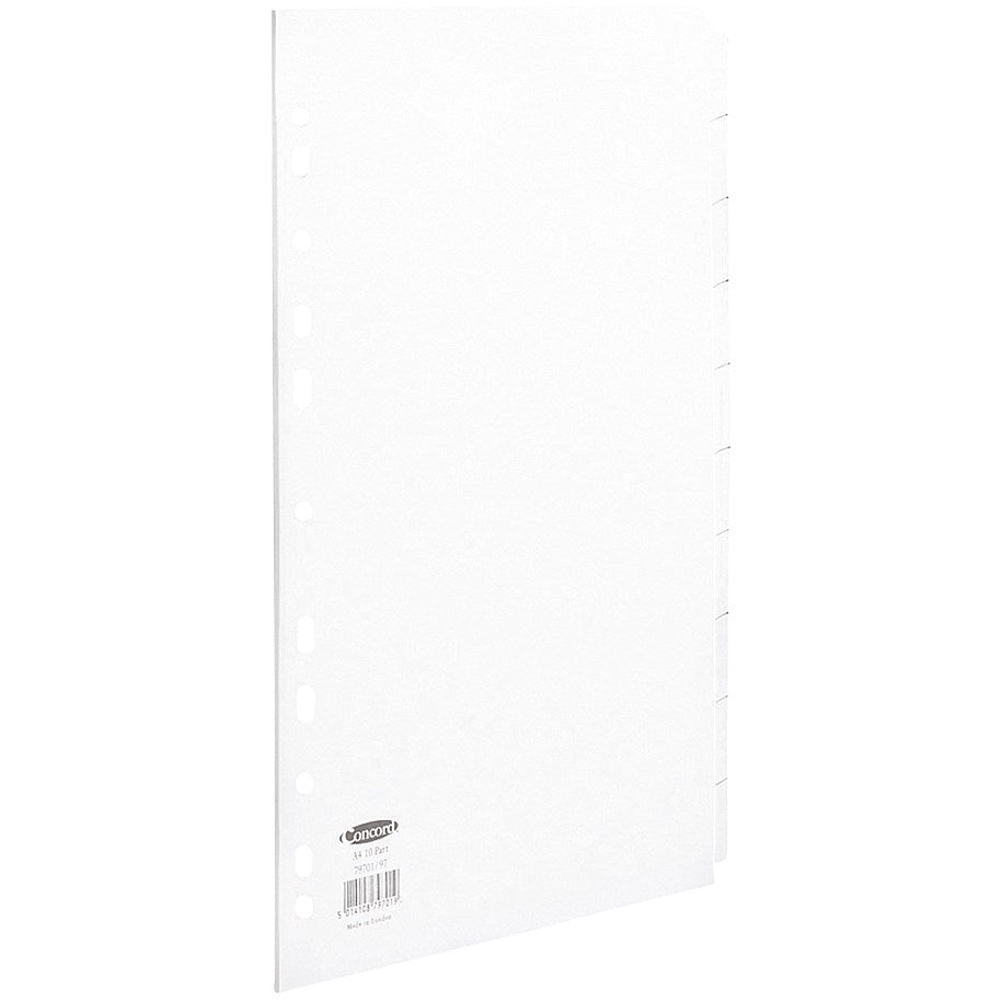 Concord Reinforced Board Subject Dividers, 10-Part, Blank Tabs, A4, White