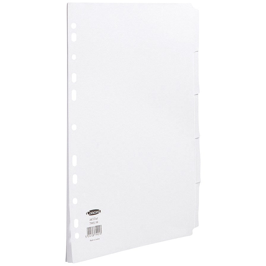 Concord Reinforced Board Subject Dividers, 5-Part, Blank Tabs, A4, White