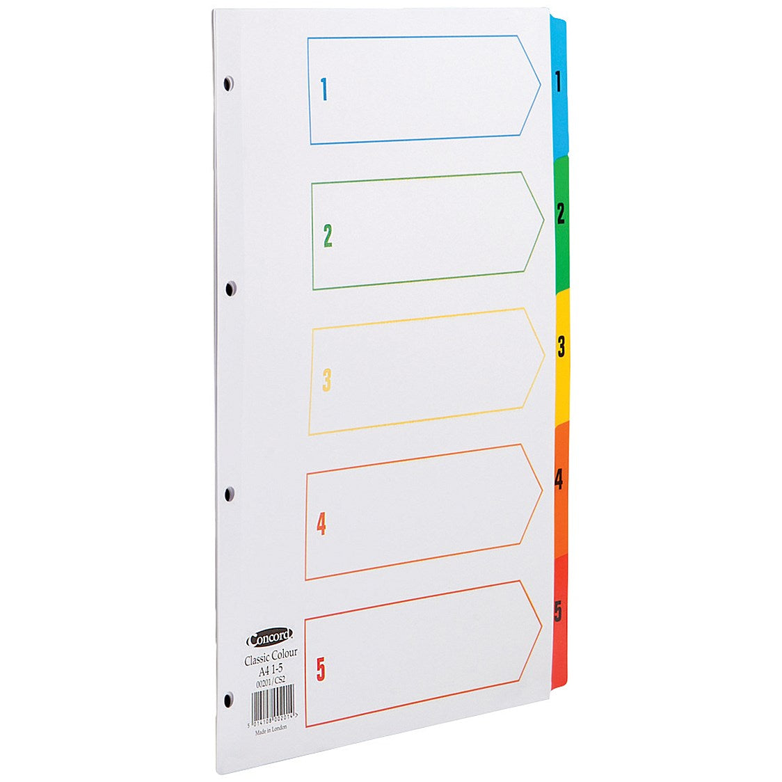 Concord Reinforced Board Index Dividers, 1-5, Multicolour Tabs, A4, White